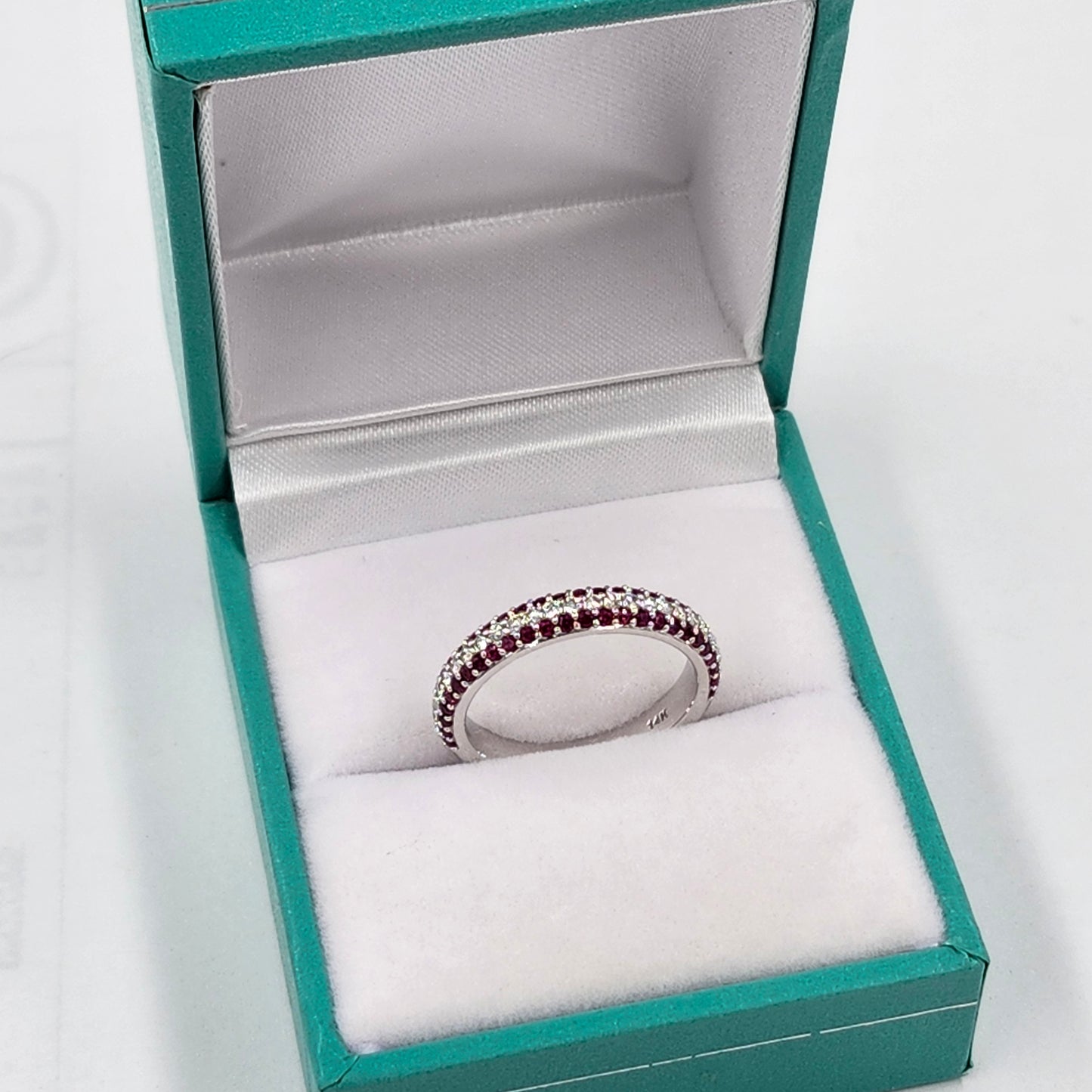 14K Gold 3 Row Natural Diamond,Ruby 3.3mm Wedding Band: 14K Gold 3/4 Eternity Stackable Ring-Anniversary Ring