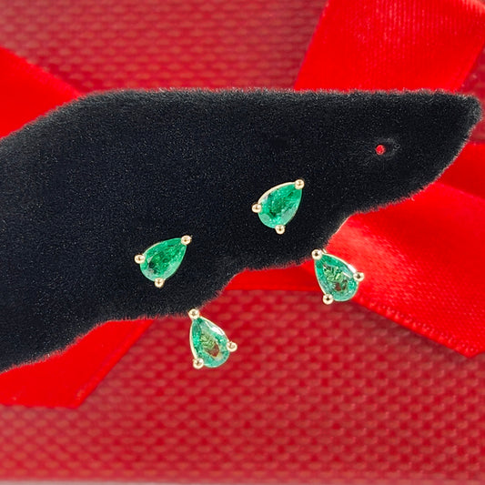 14K Gold Pear Emerald Jacket Earrings: Natural Pear Emerald Prong Stud - Anniversary gifts
