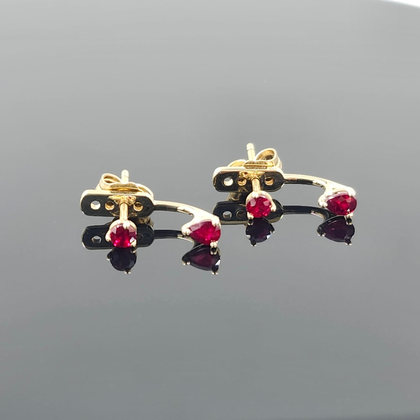 14K Gold Pear Ruby Jacket Earrings: Natural Round Ruby Stud Earring - Anniversary gifts