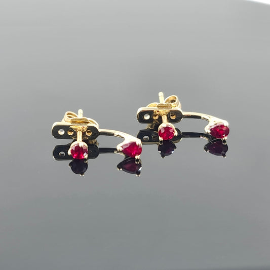14K Gold Pear Ruby Jacket Earrings: Natural Round Ruby Stud Earring - Anniversary gifts