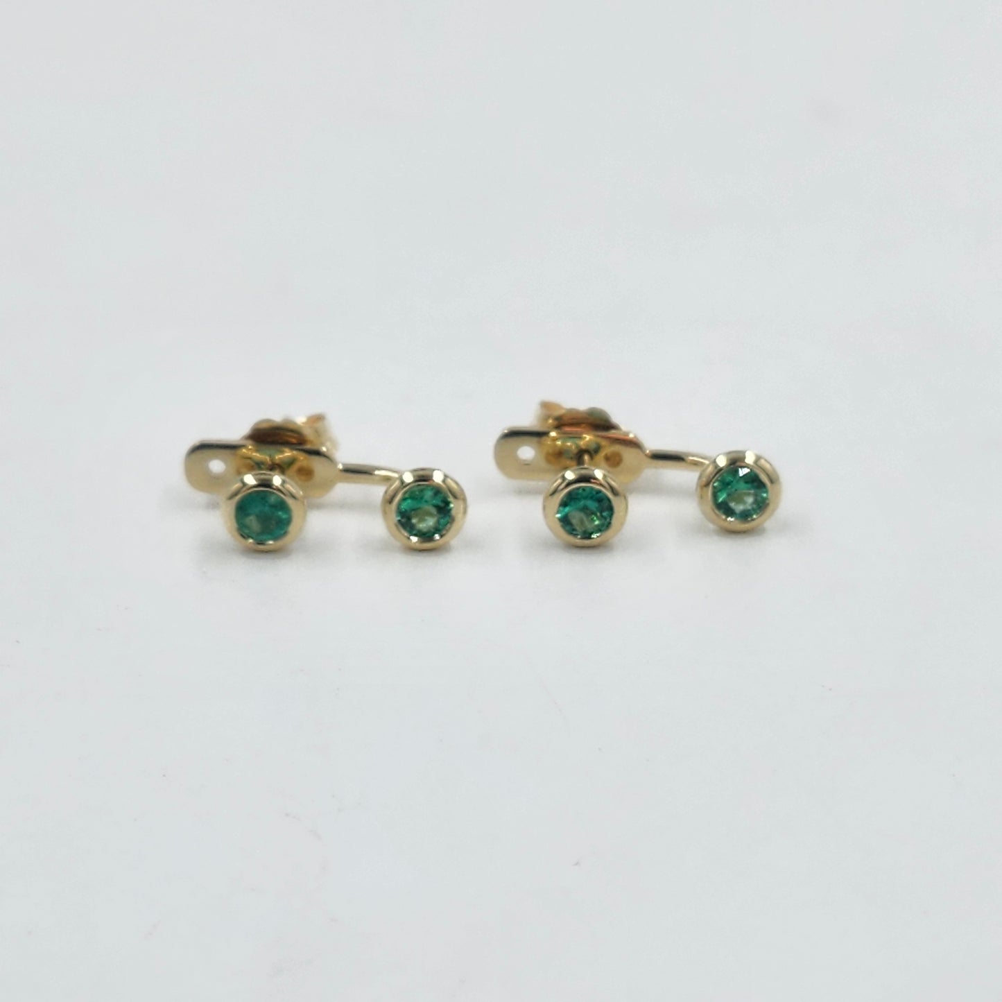 14K Gold Diamond Cut Natural Round Emerald Bezel Set Jacket Earrings: 3.0mm Round Emerald Bezel Set Studs - Anniversary gifts