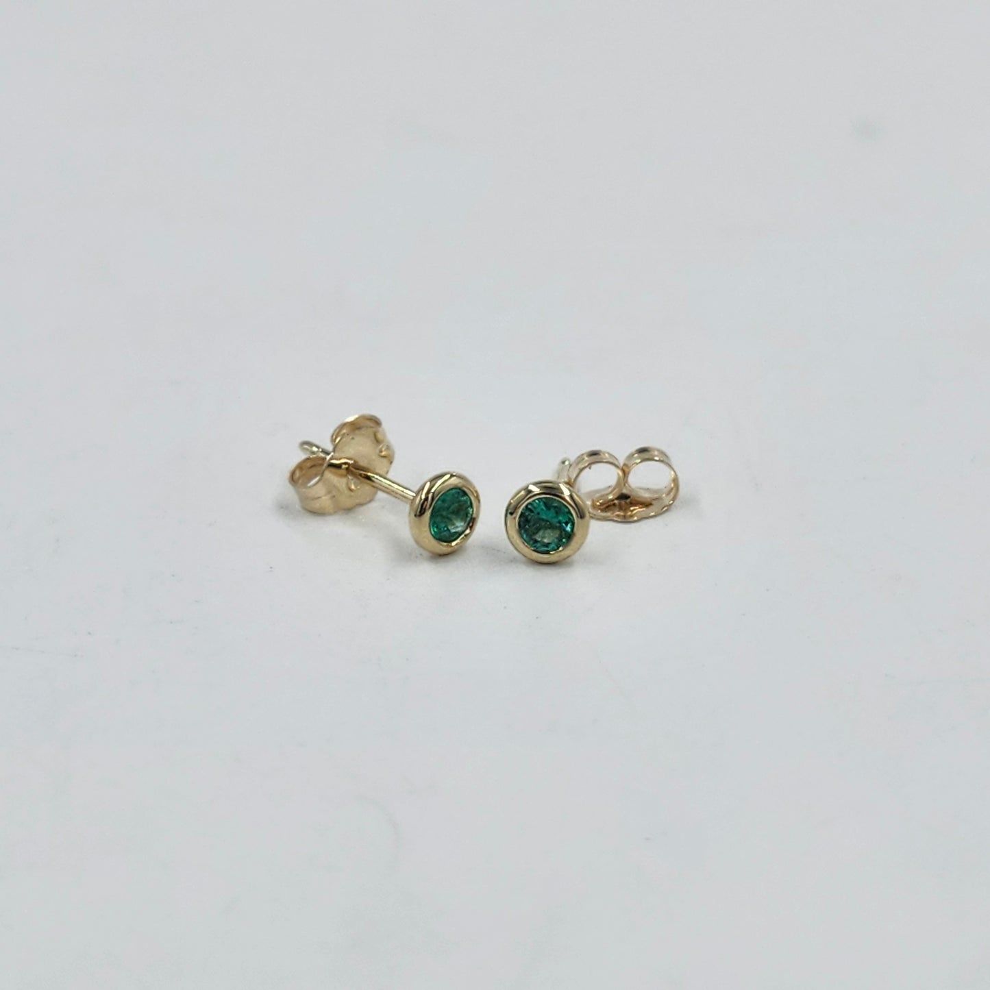 14K Gold Diamond Cut Natural Round Emerald Bezel Set Jacket Earrings: 3.0mm Round Emerald Bezel Set Studs - Anniversary gifts