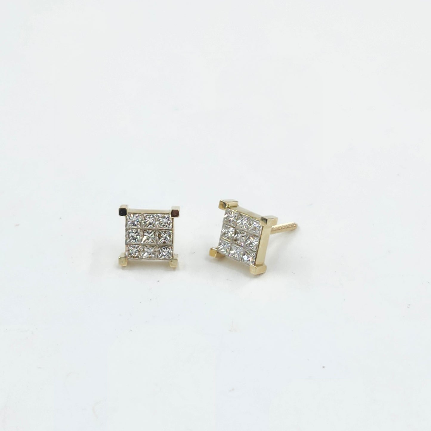 Princess Cut Natural Diamond Stud Earrings: 14K,18K Gold Invisible Setting Earring- Anniversary gift