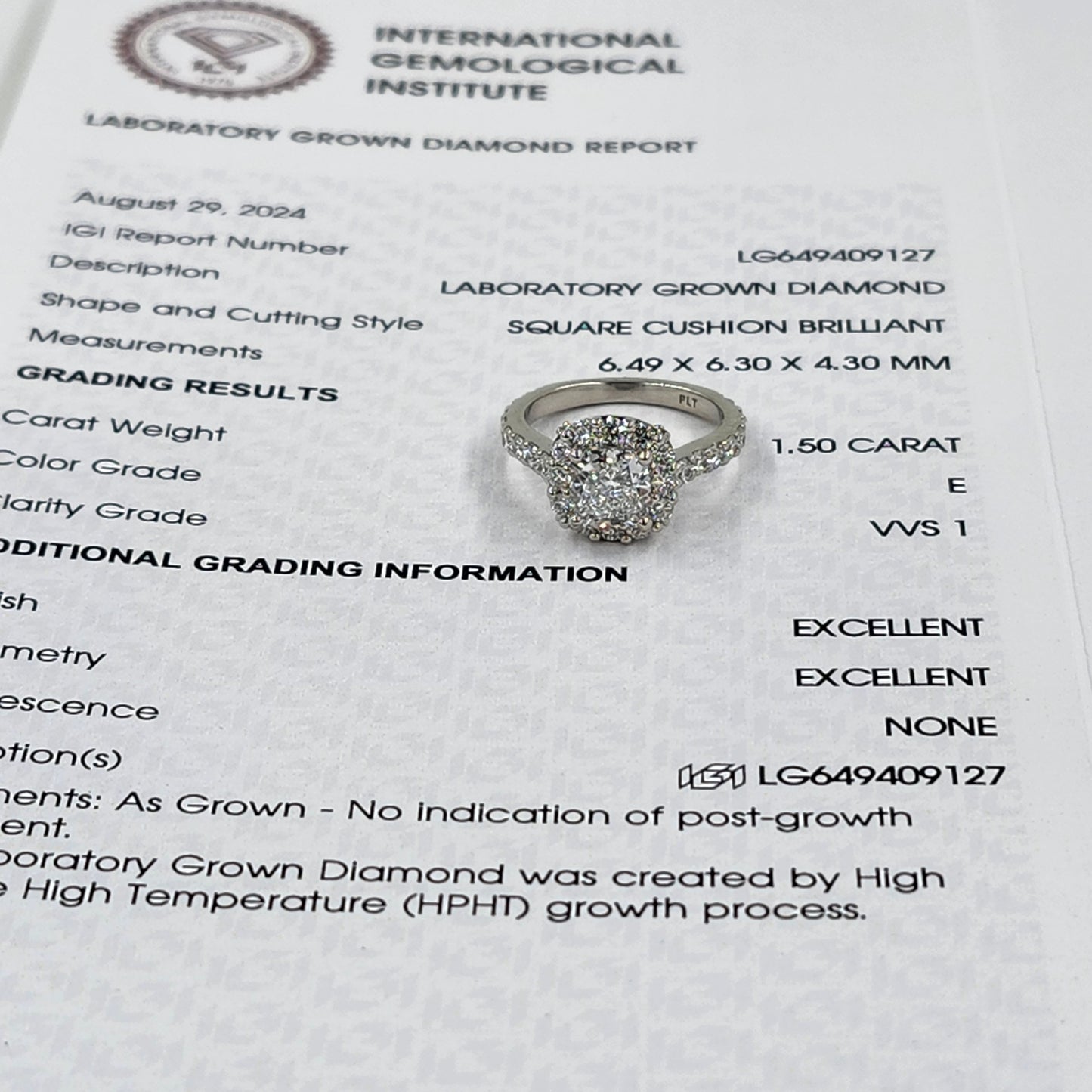 1.5ct Lab Diamond Halo Engagement Ring: 14K Gold Cushion Cut Diamond Ring- Anniversary gift