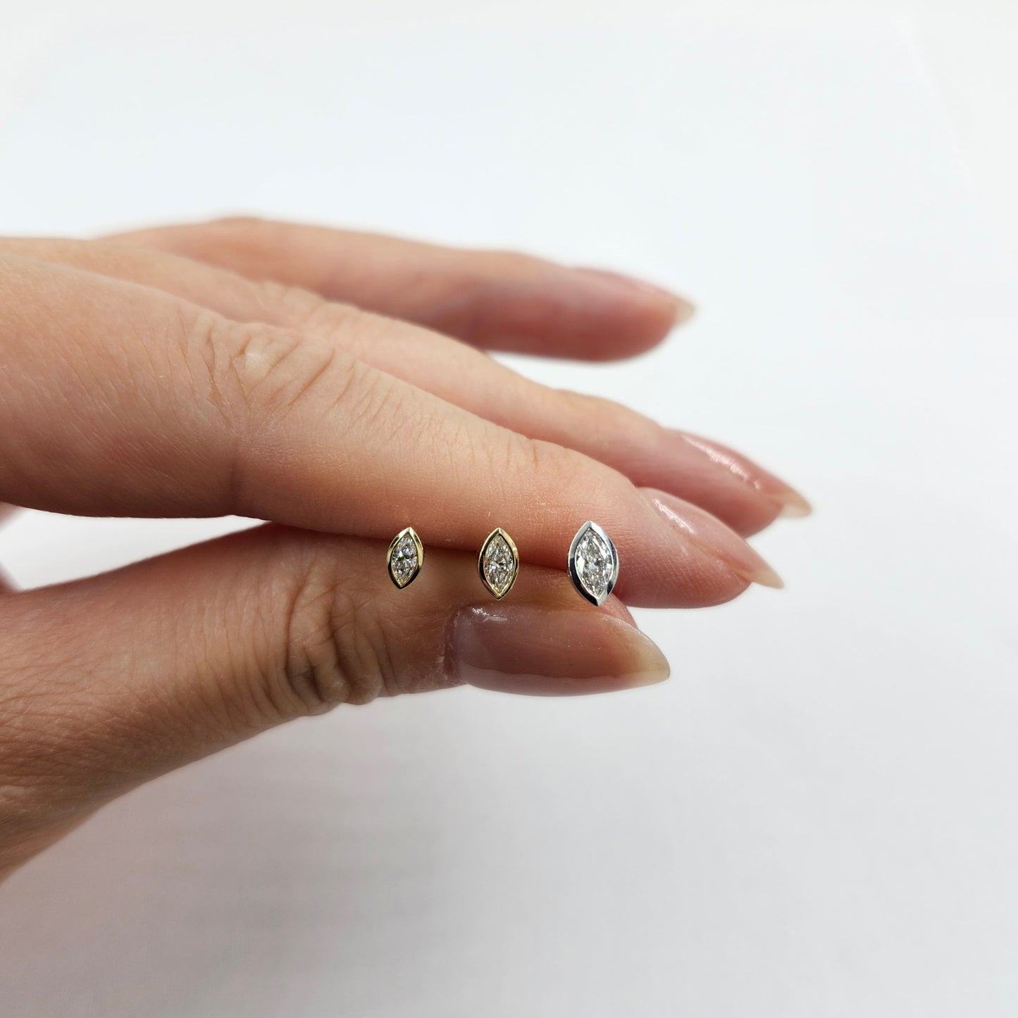 14K Gold Natural Diamond Stud Earrings: Marquise Diamond Bezel Stud Earrings - Anniversary gift