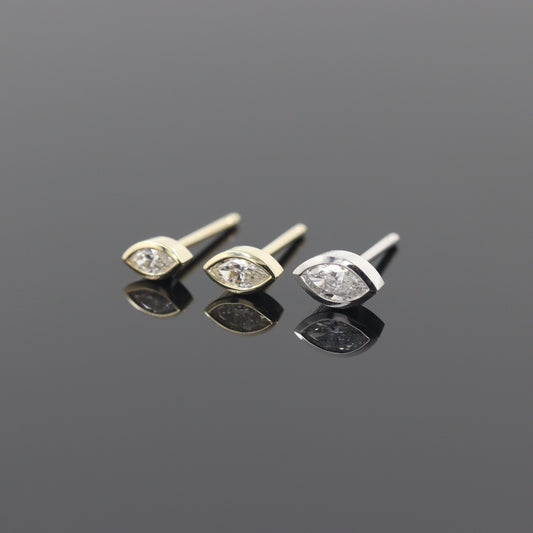 14K Gold Natural Diamond Stud Earrings: Marquise Diamond Bezel Stud Earrings - Anniversary gift
