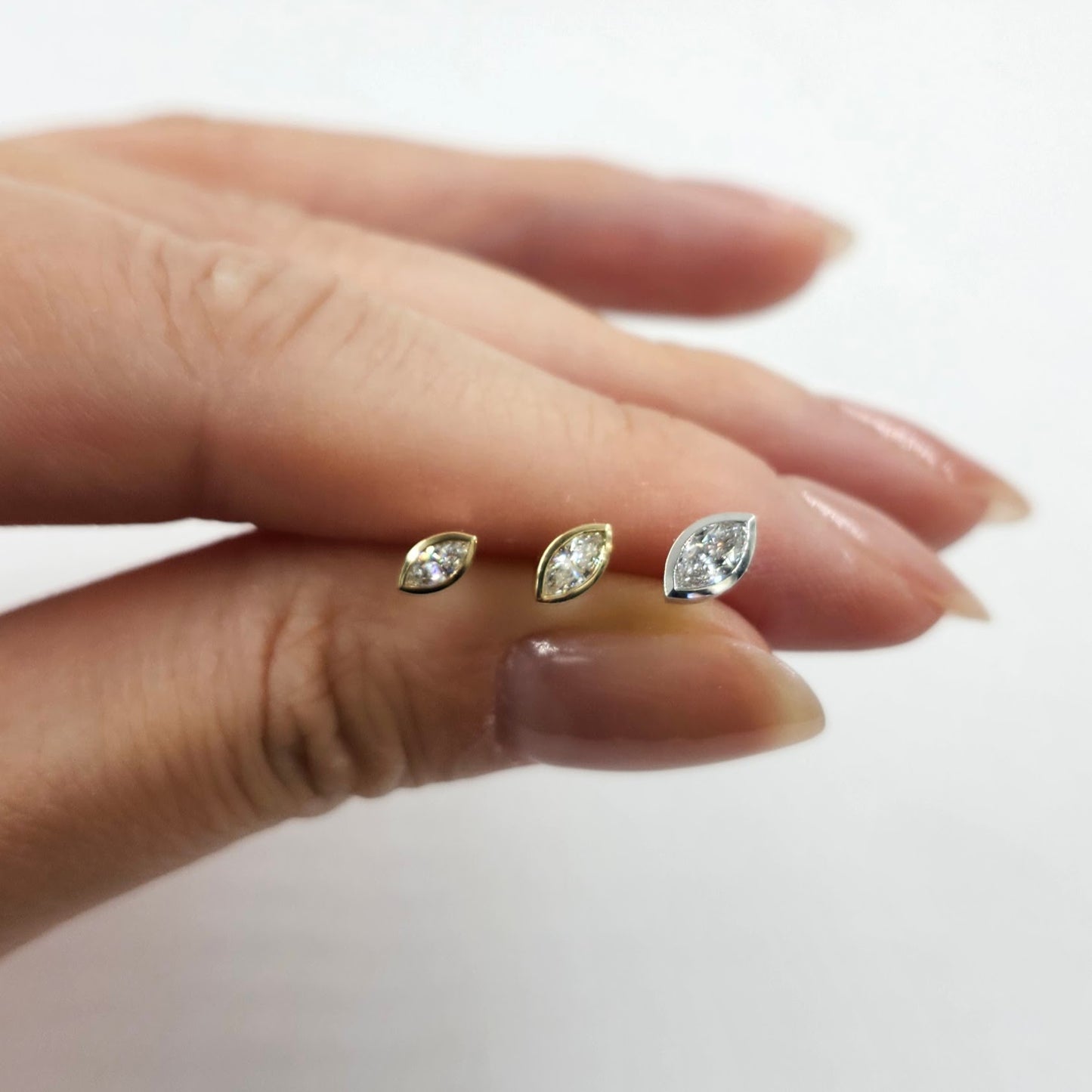 14K Gold Natural Diamond Stud Earrings: Marquise Diamond Bezel Stud Earrings - Anniversary gift