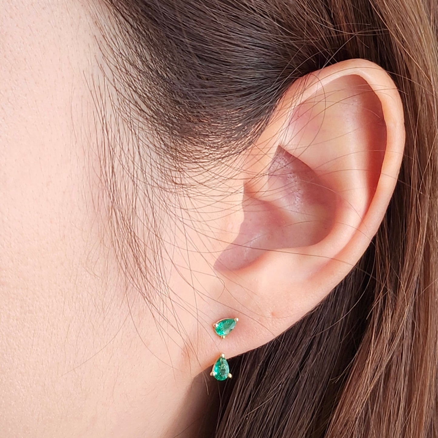 14K Gold Pear Emerald Jacket Earrings: Natural Pear Emerald Prong Stud - Anniversary gifts