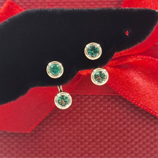 14K Gold Round Emerald Bezel Set Jacket Earrings: 0.1ct Diamond Cut Natural Round Emerald Bezel Set Studs - Anniversary gifts