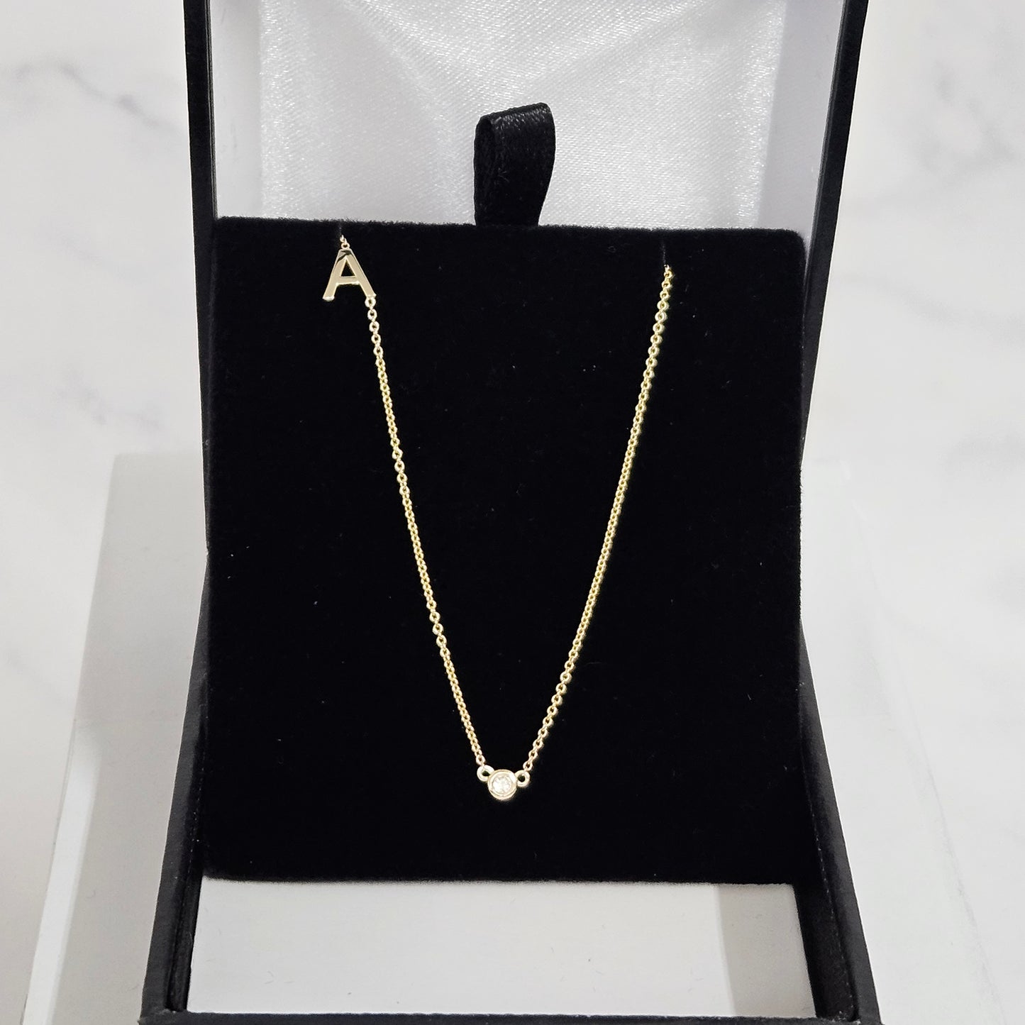 14k gold letter necklace with small Natural diamond / Personalized Sideway Initial necklace with bezel diamond /Anniversary Gift