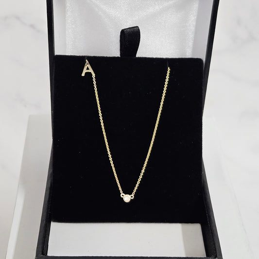 14k gold letter necklace with small Natural diamond / Personalized Sideway Initial necklace with bezel diamond /Anniversary Gift