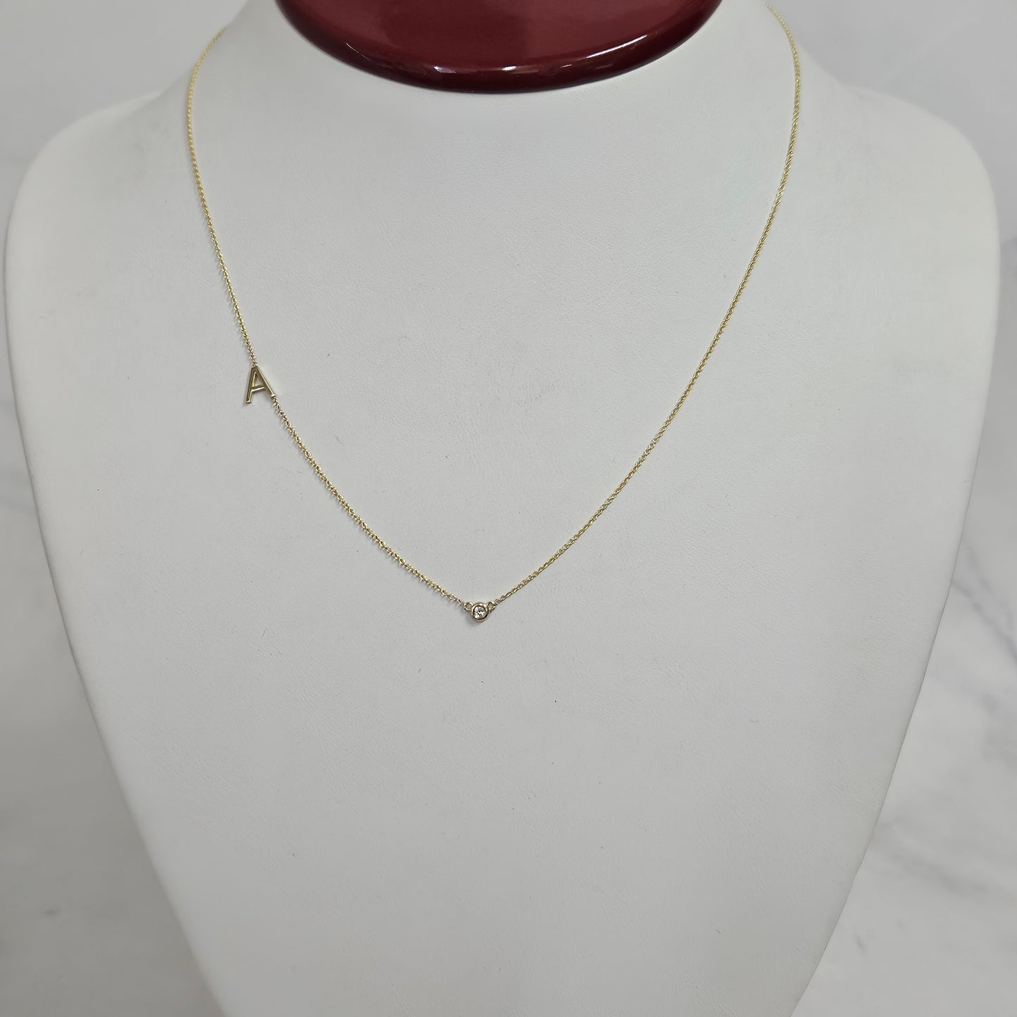 14k gold letter necklace with small Natural diamond / Personalized Sideway Initial necklace with bezel diamond /Anniversary Gift