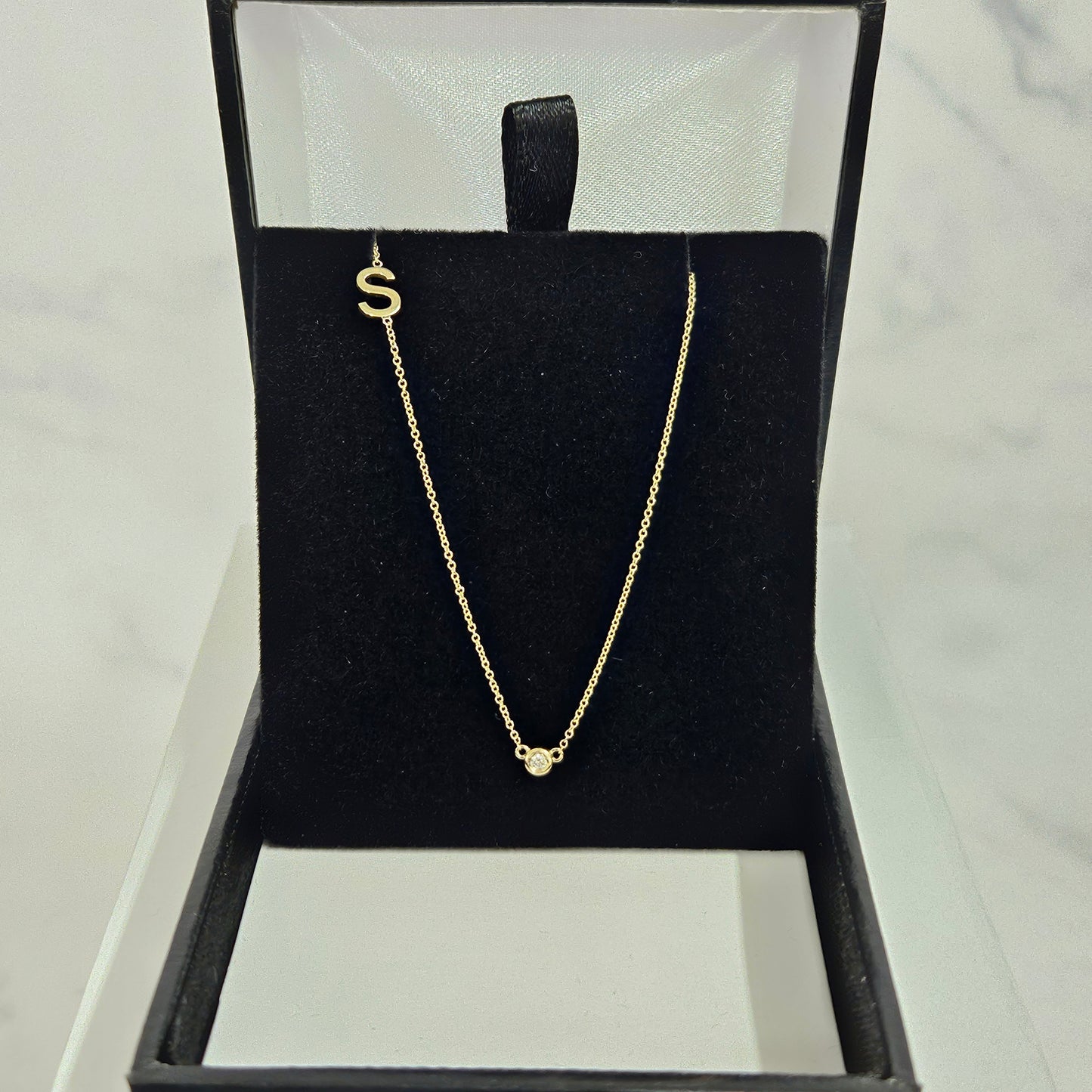 14k gold letter necklace with small Natural diamond / Personalized Sideway Initial necklace with bezel diamond /Anniversary Gift