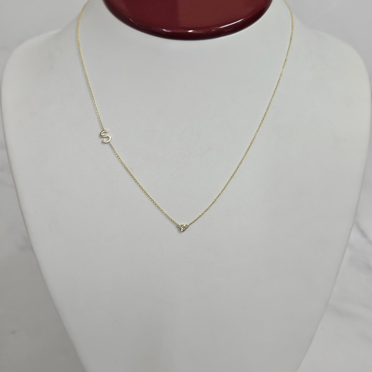 14k gold letter necklace with small Natural diamond / Personalized Sideway Initial necklace with bezel diamond /Anniversary Gift