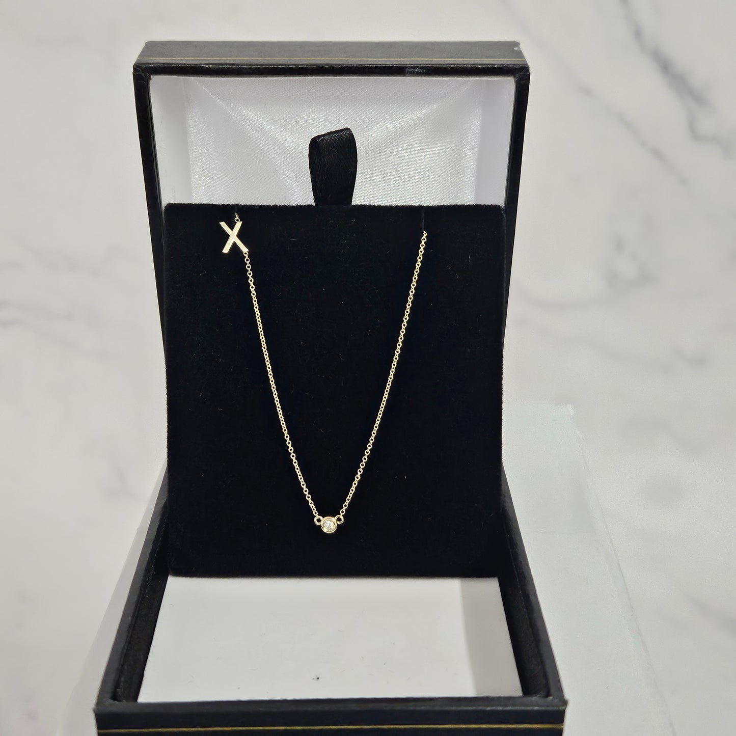 14k gold letter necklace with small Natural diamond / Personalized Sideway Initial necklace with bezel diamond /Anniversary Gift