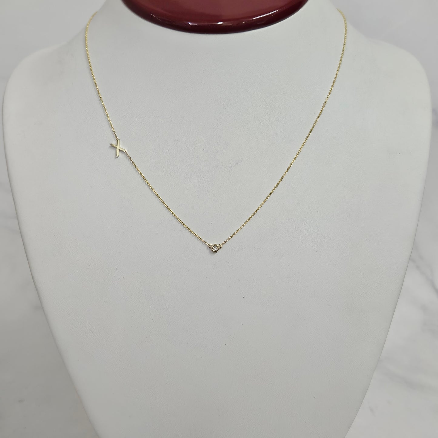 14k gold letter necklace with small Natural diamond / Personalized Sideway Initial necklace with bezel diamond /Anniversary Gift