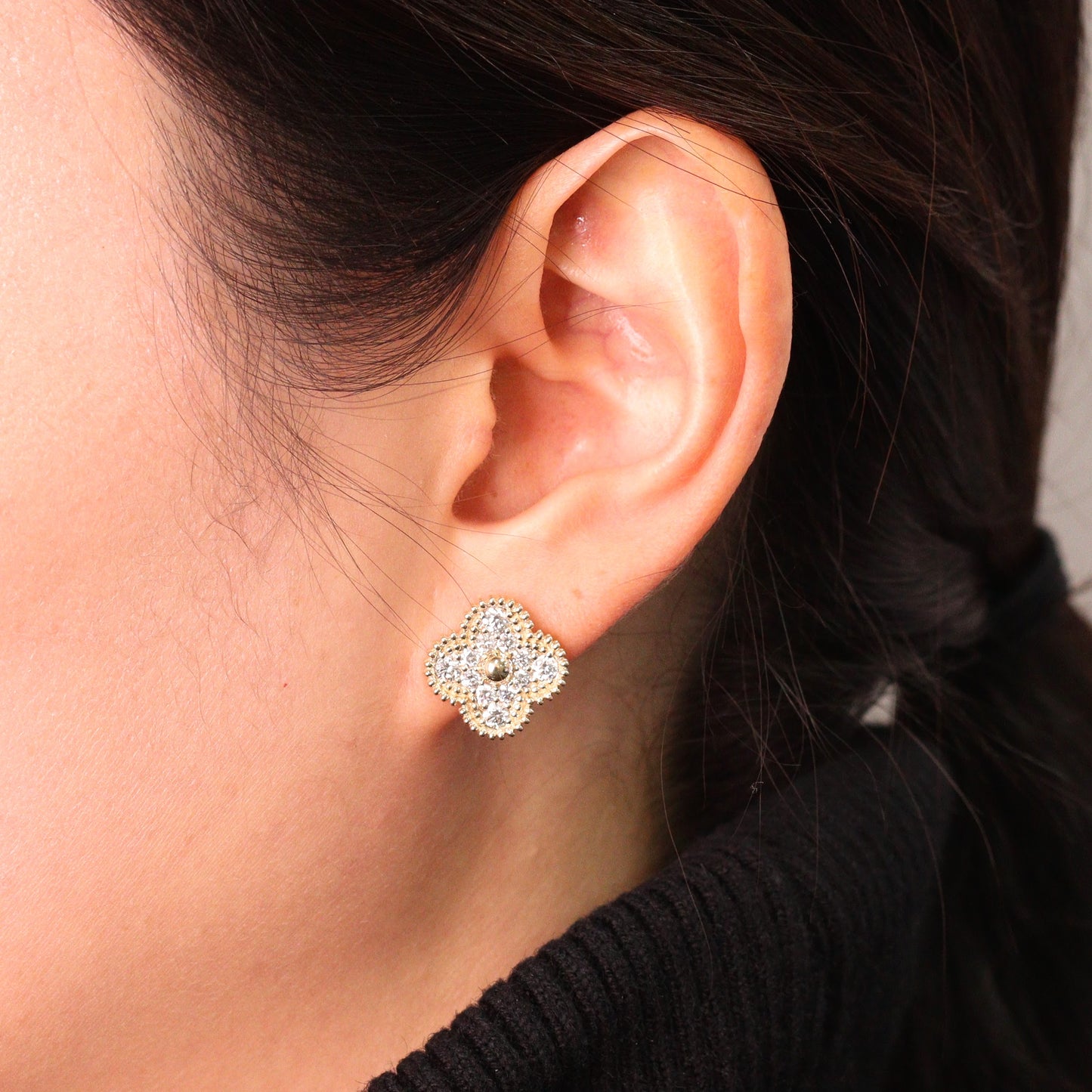 15mm Diamond Clover Earrings/ 14K and 18K Classic Clover Cluster Stud Earrings/ Natural Diamonds/ Pair 1.1ctw/ Anniversary Gift