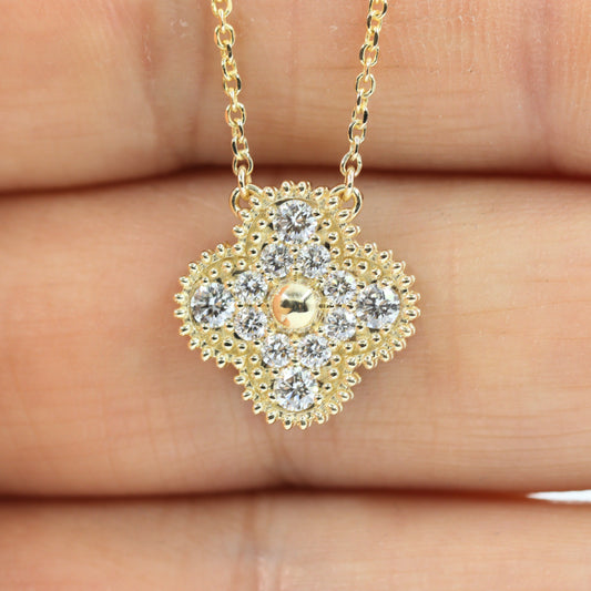 15mm Diamond Clover Pendant /Diamond Clover Charm Necklace/ Solid 14k and 18K Gold/ Diamond Cluster Necklace/ Anniversary Gift