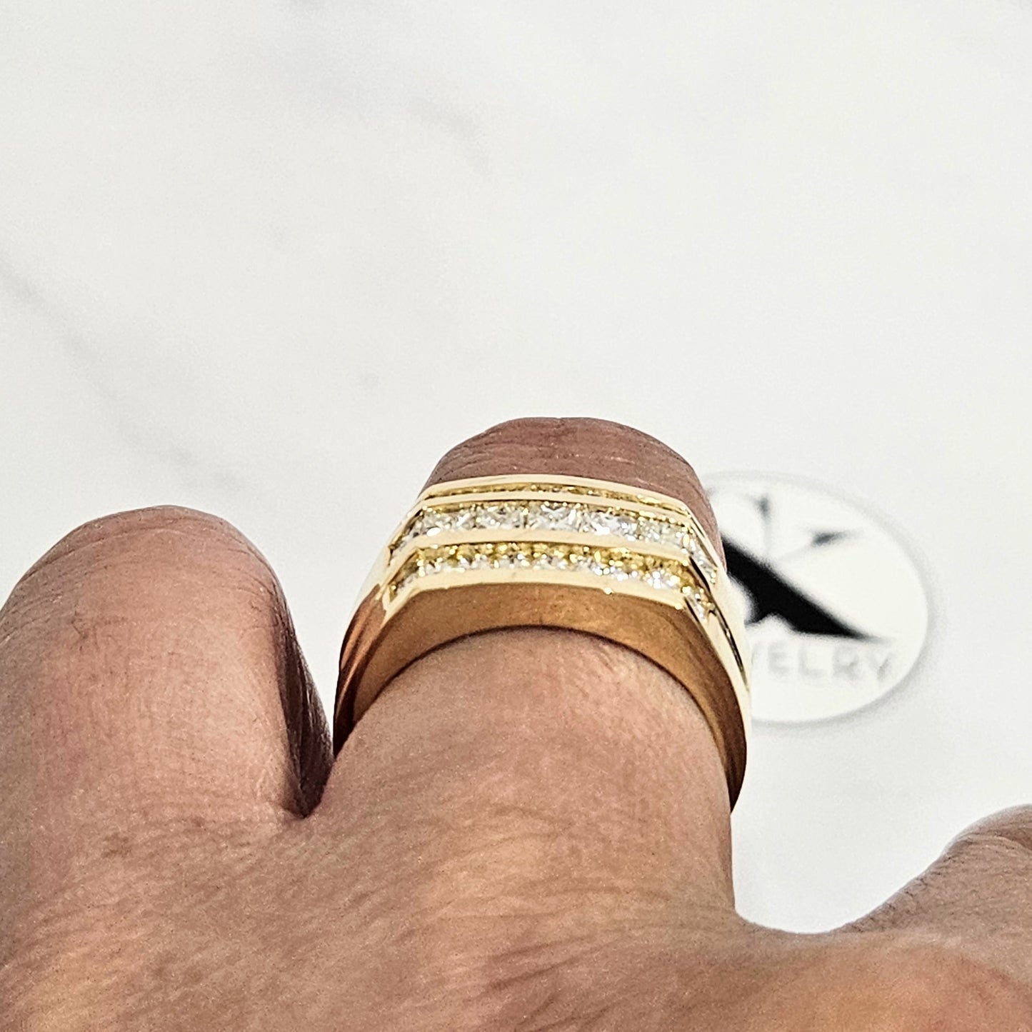 18K Princess Cut & Round Diamond Men's Ring/ Brilliant 2.1ct Diamond Anniversary Ring/ Princess Cut Diamond Men's Ring/Anniversary Gift