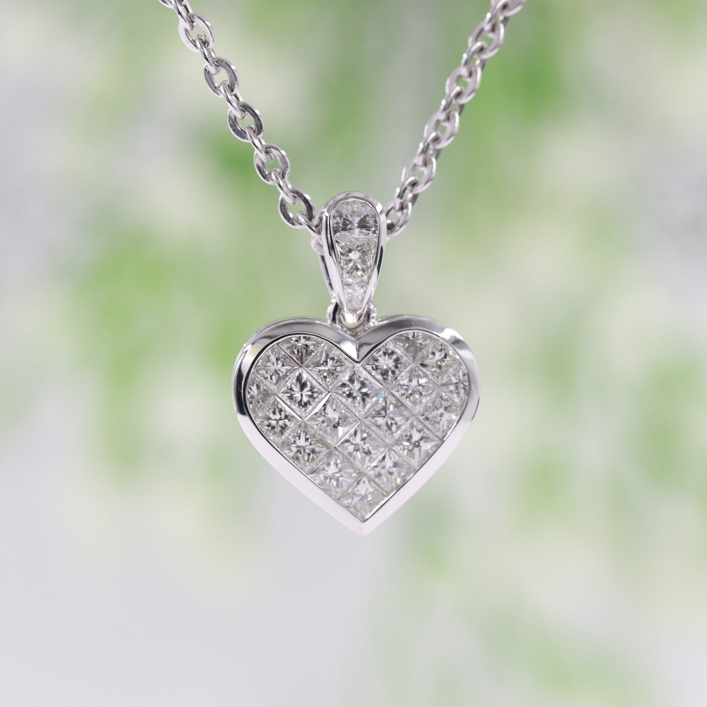 18k White Gold Princess Invisibly Set heart elegant modern classic diamond pendant/Natural Diamond heart Necklace/Anniversary Gift