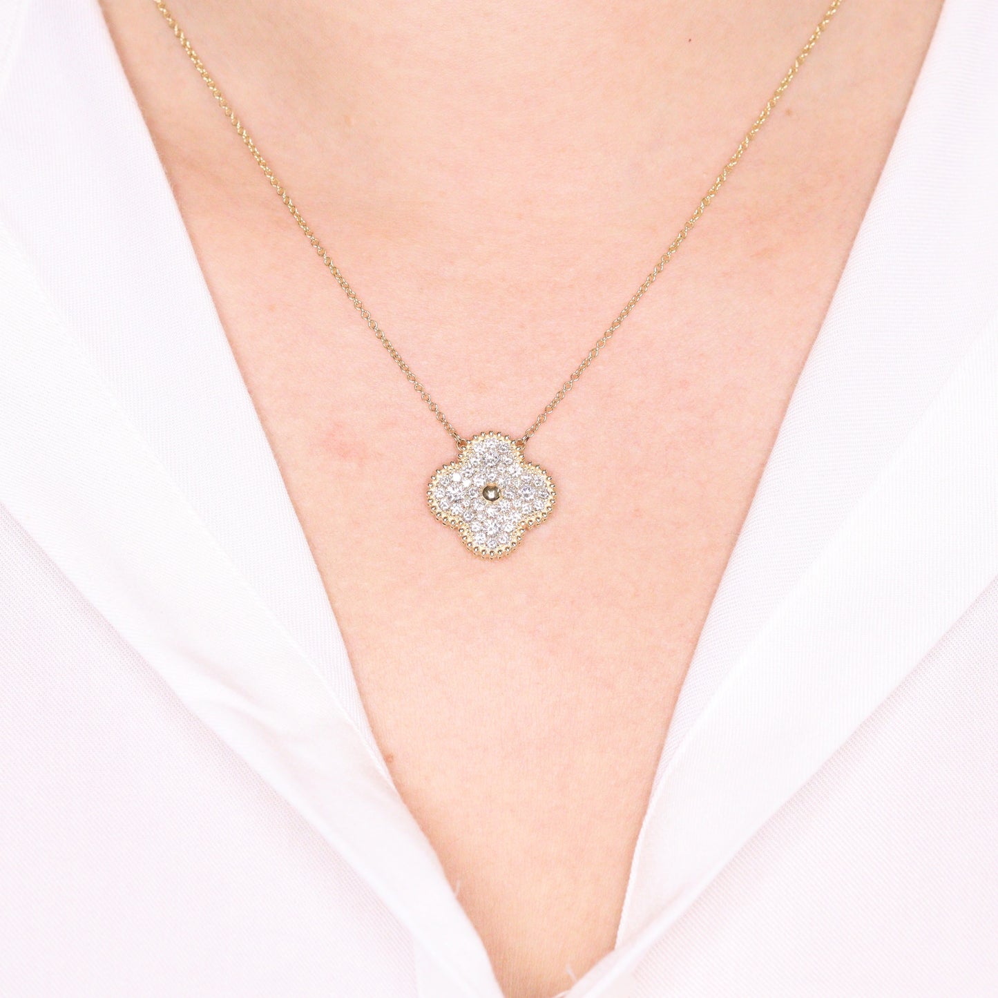 18mm Diamond Clover Pendant/ Clover Charm Necklace/ Diamond Necklace / Solid 14K and 18K Gold/ Diamond Cluster Necklace/Anniversary Gift