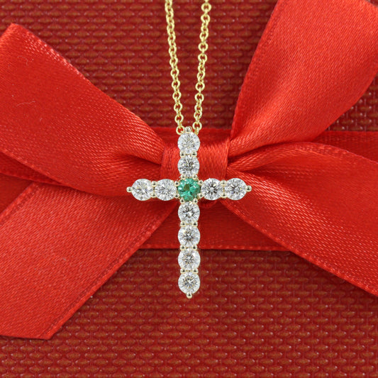 1ct Round Diamond and Emerald Cross Pendant / May Birthstone Jewelry /Simple Cross Pendant / Unique Cross Necklace / Anniversary Gift