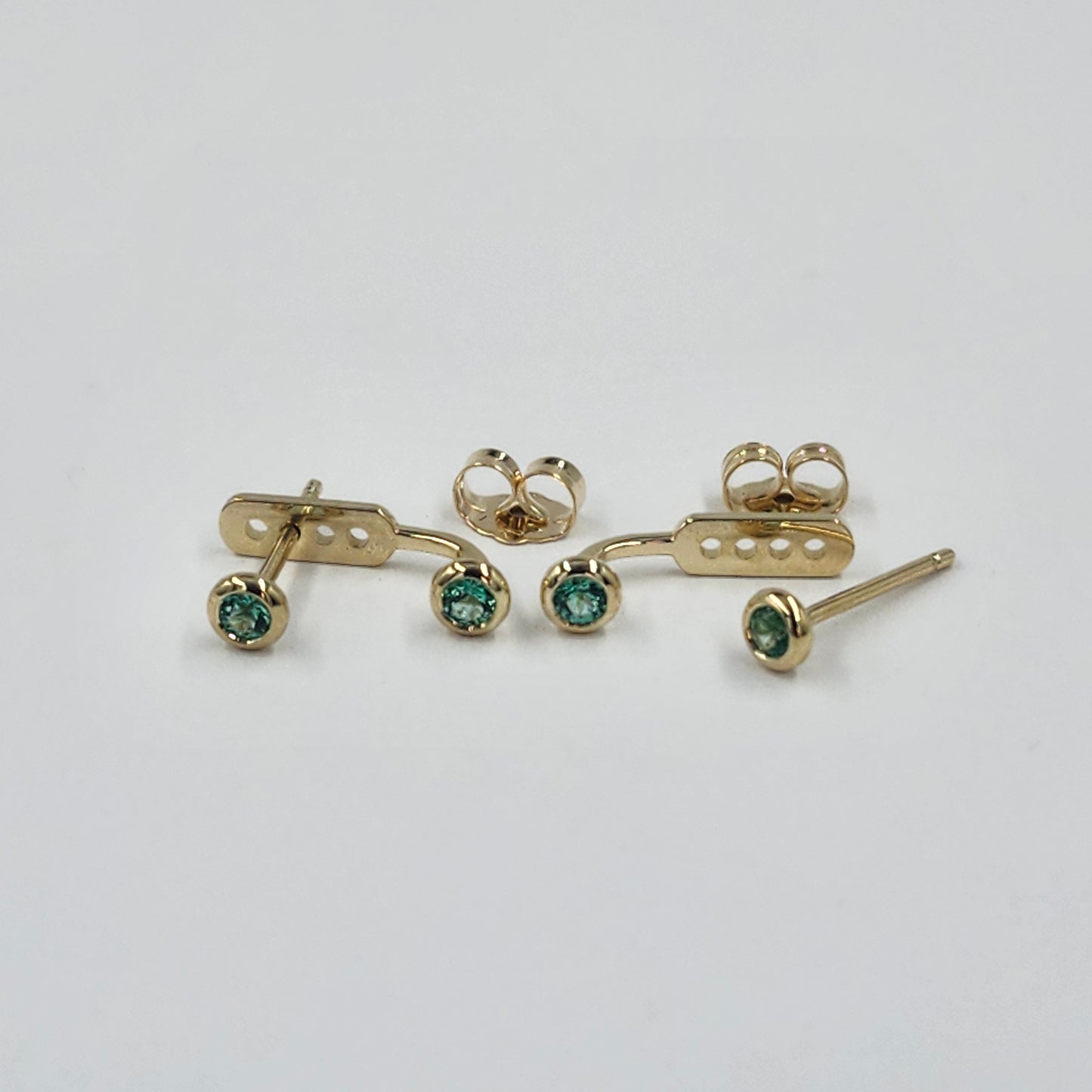 14K Gold Diamond Cut Natural Round Emerald Bezel Set Jacket Earrings: 2.4mm Round Emerald Bezel Set Studs - Anniversary gifts