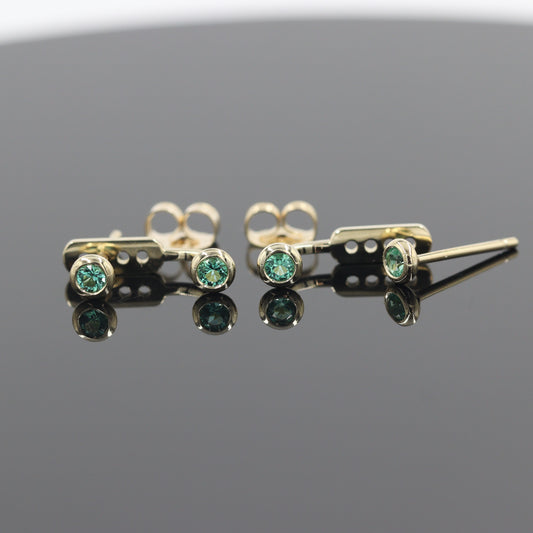 14K Gold Diamond Cut Natural Round Emerald Bezel Set Jacket Earrings: 2.4mm Round Emerald Bezel Set Studs - Anniversary gifts