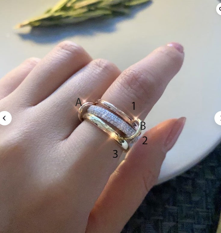 Handmade 14K Gold 3 Row Natural Diamond Stacking Rings with Connectors -3.3 mm Width Diamond Band - 3 Bands Anniversary Gift