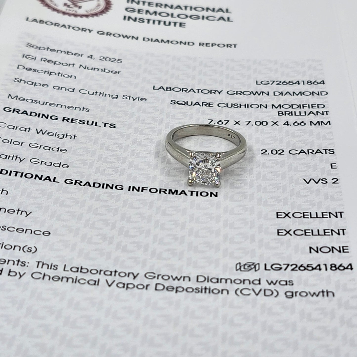 IGI Certified Cushion Cut Lab-Grown Diamond Solitaire Platinum Engagement Ring - Anniversary gift