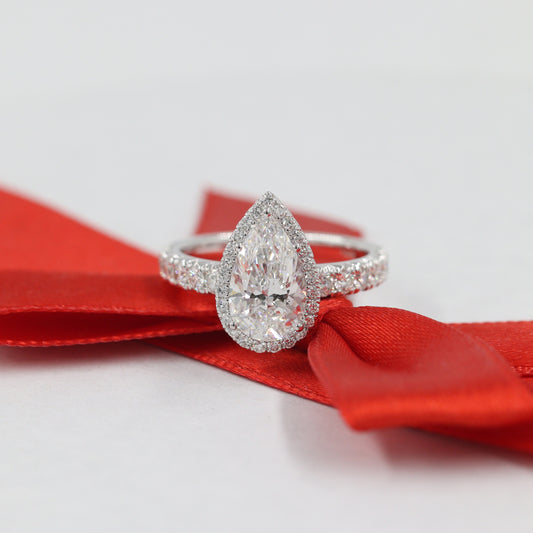2ct Pear Lab Diamond Engagement Ring: 14K Gold Halo, Anniversary Gift