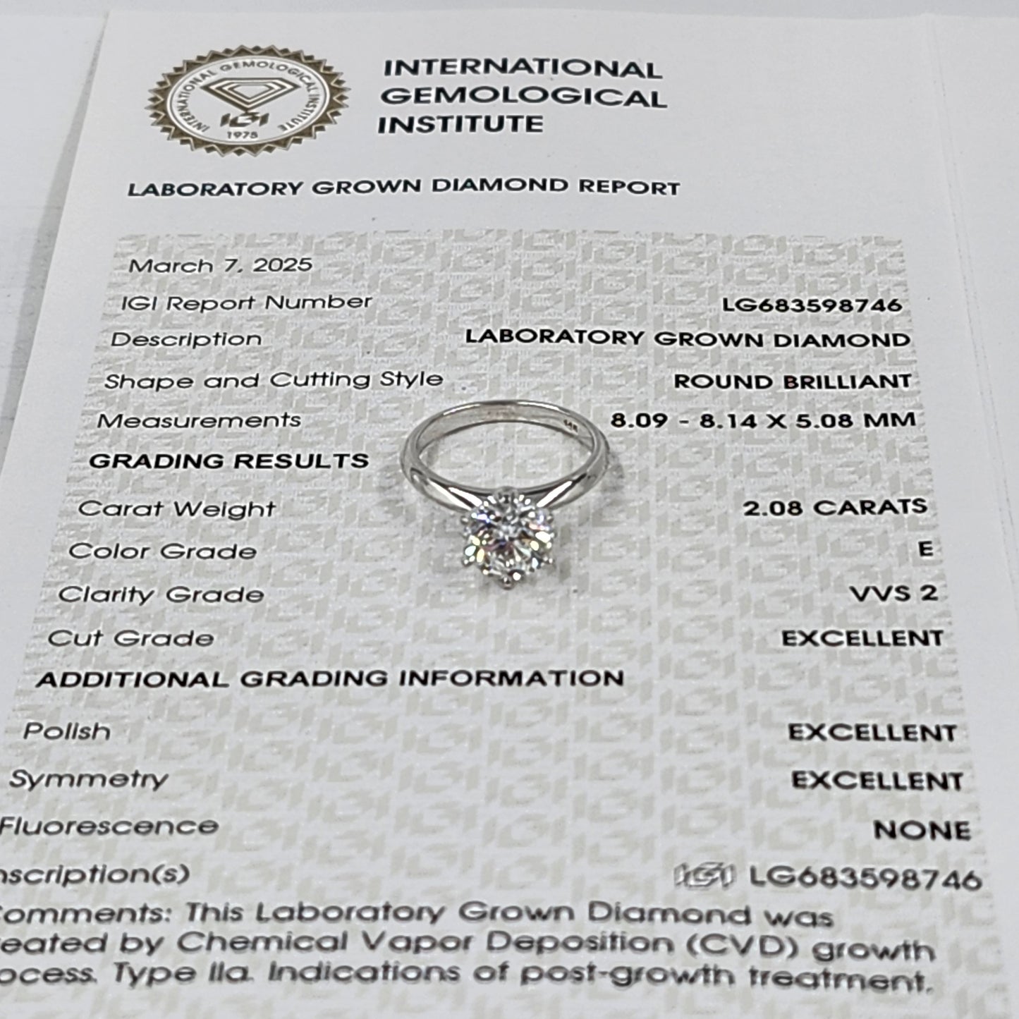 2ct Round Diamond Engagement Ring : Solitaire Lab Diamond 6 Prong Ring - Anniversary gift
