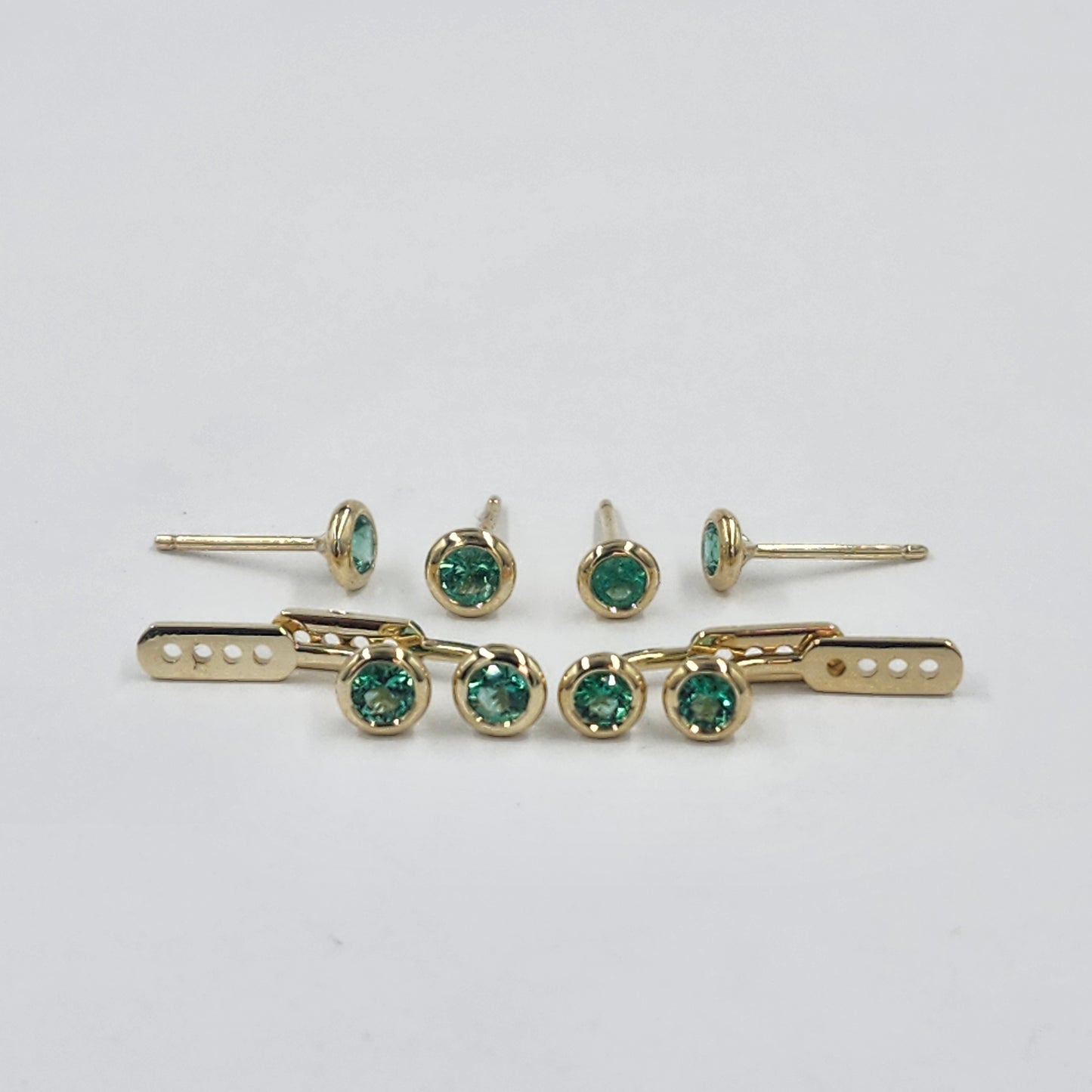 14K Gold Diamond Cut Natural Round Emerald Bezel Set Jacket Earrings: 3.5mm Round Emerald Bezel Set Studs - Anniversary gifts
