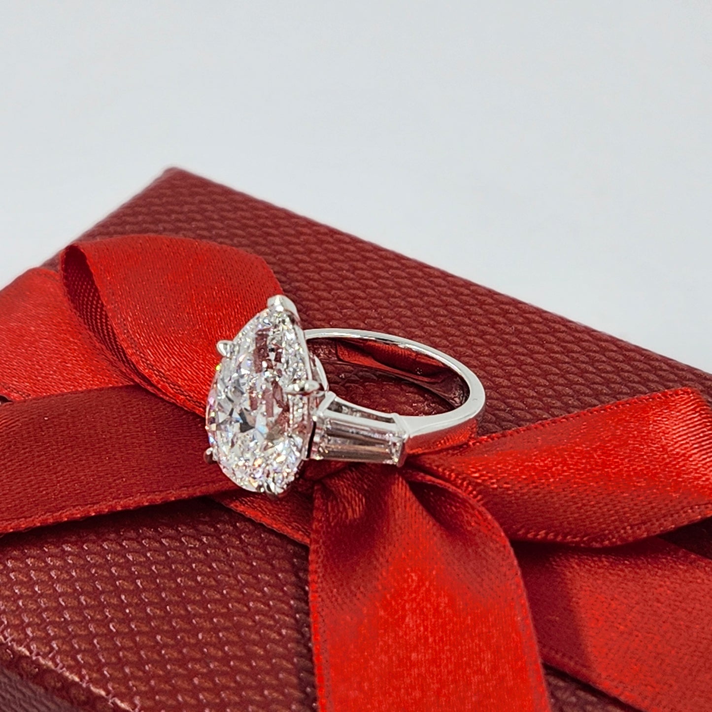 5ct Certified Engagement Ring - 14K ,18K Gold, Platinum, Lab Grown Pear Diamond & Baguette Diamond Engagement Ring - Anniversary gifts
