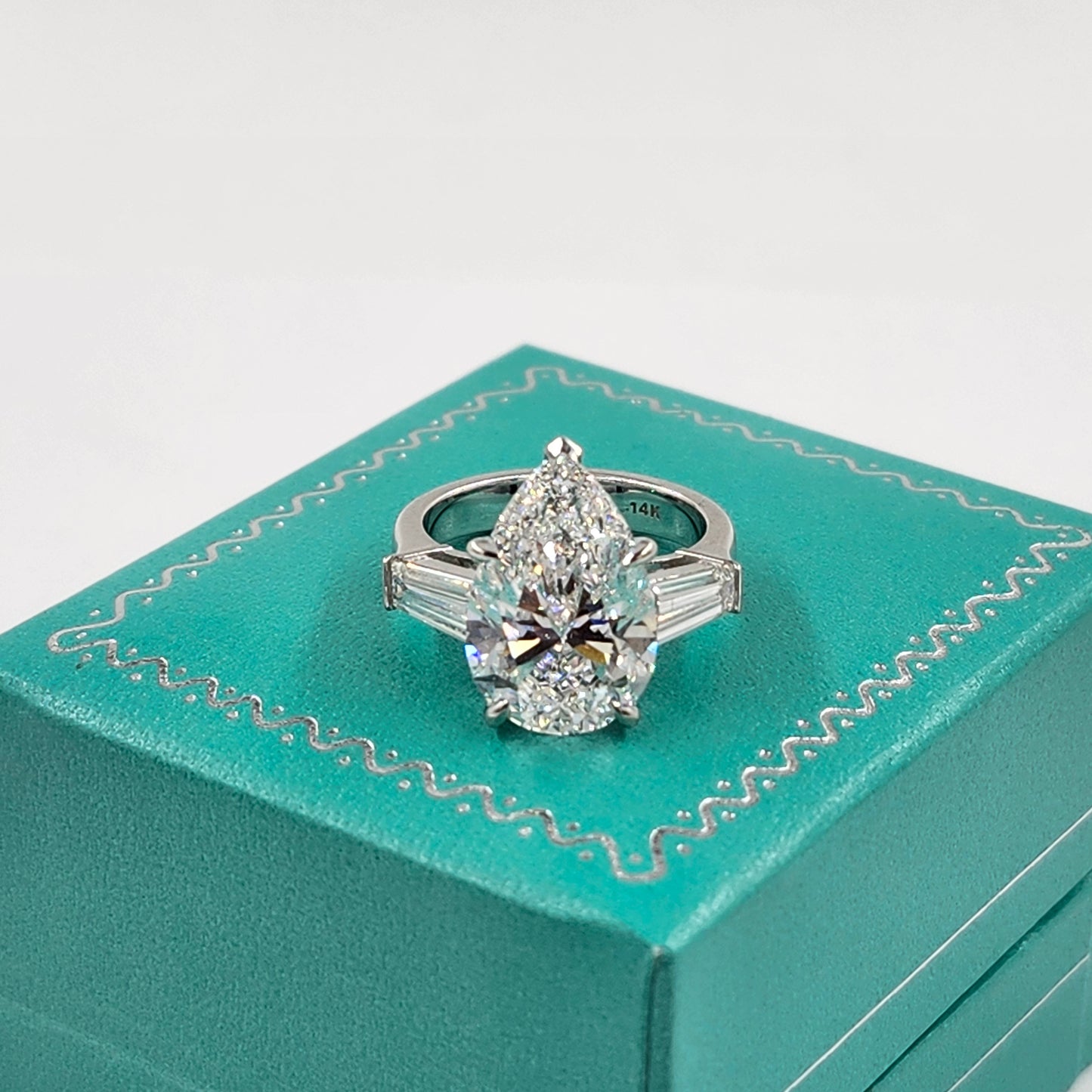 5ct Certified Engagement Ring - 14K ,18K Gold, Platinum, Lab Grown Pear Diamond & Baguette Diamond Engagement Ring - Anniversary gifts
