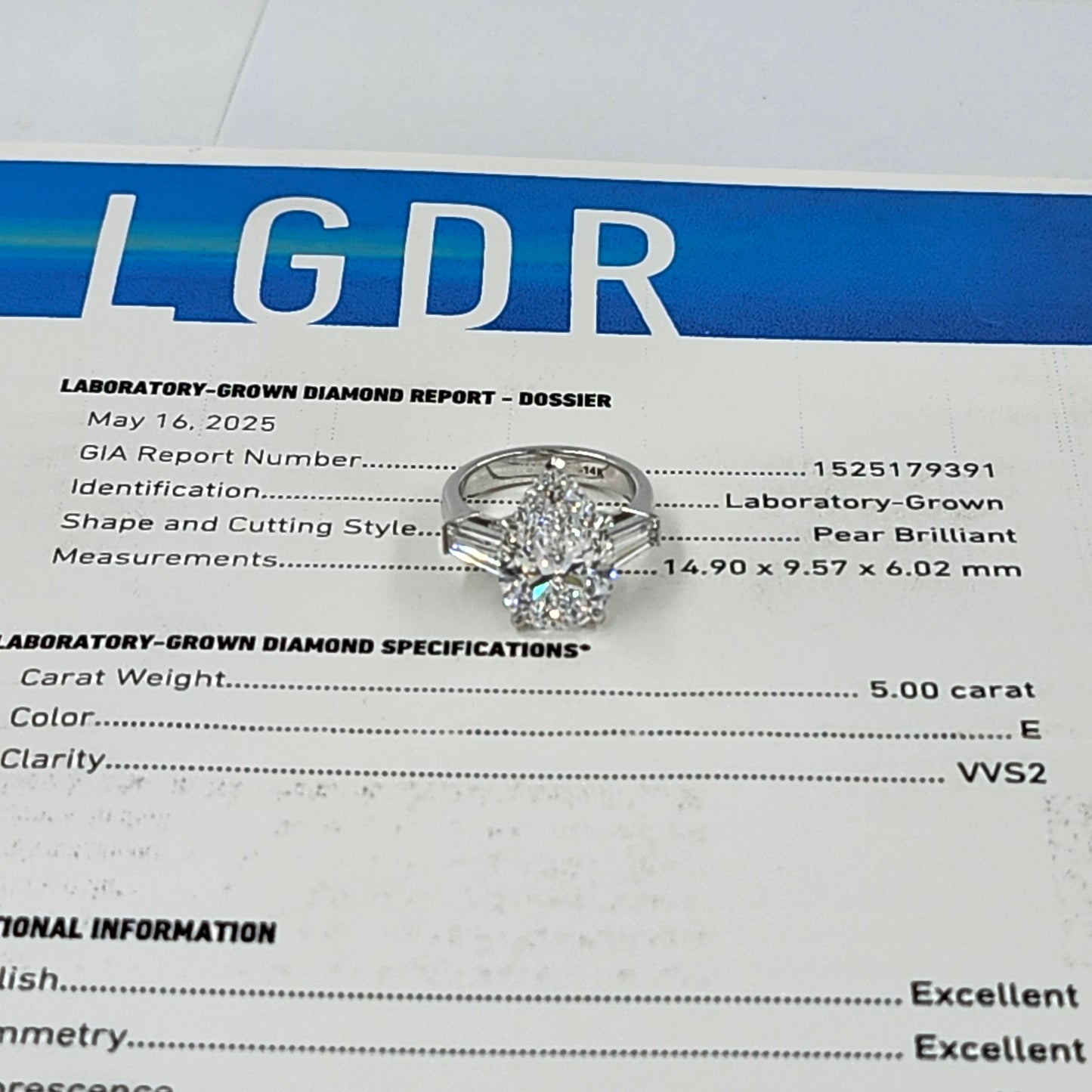 5ct Certified Engagement Ring - 14K ,18K Gold, Platinum, Lab Grown Pear Diamond & Baguette Diamond Engagement Ring - Anniversary gifts