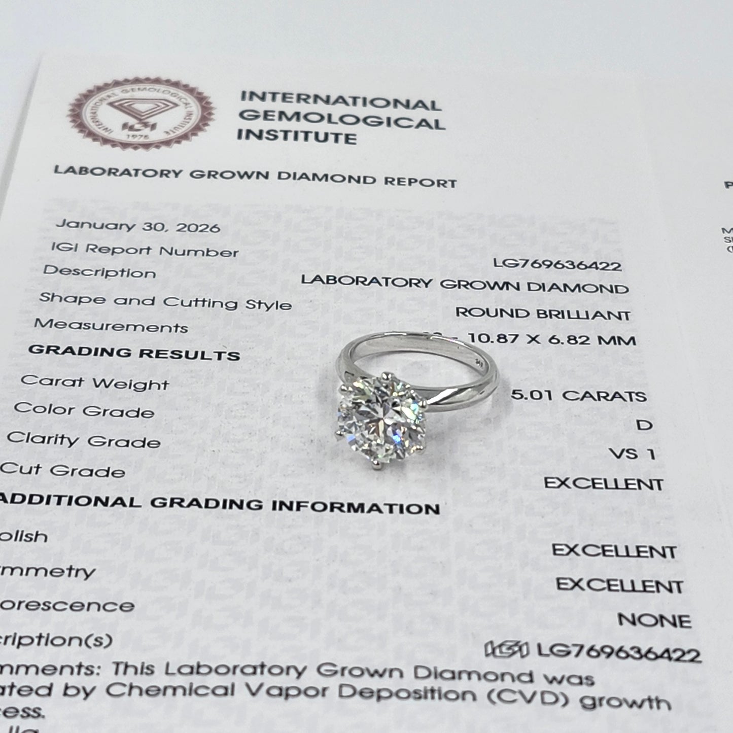 5ct Round Diamond Engagement Ring : Solitaire Lab Diamond 6 Prong Ring - Anniversary gift