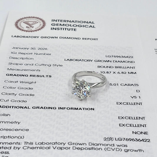 5ct Round Diamond Engagement Ring : Solitaire Lab Diamond 6 Prong Ring - Anniversary gift