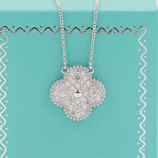 15mm Diamond Clover Pendant/ Clover Charm Necklace/ Diamond Necklace/ Solid 14K and 18K Gold/Diamond Cluster Necklace/Anniversary Gift