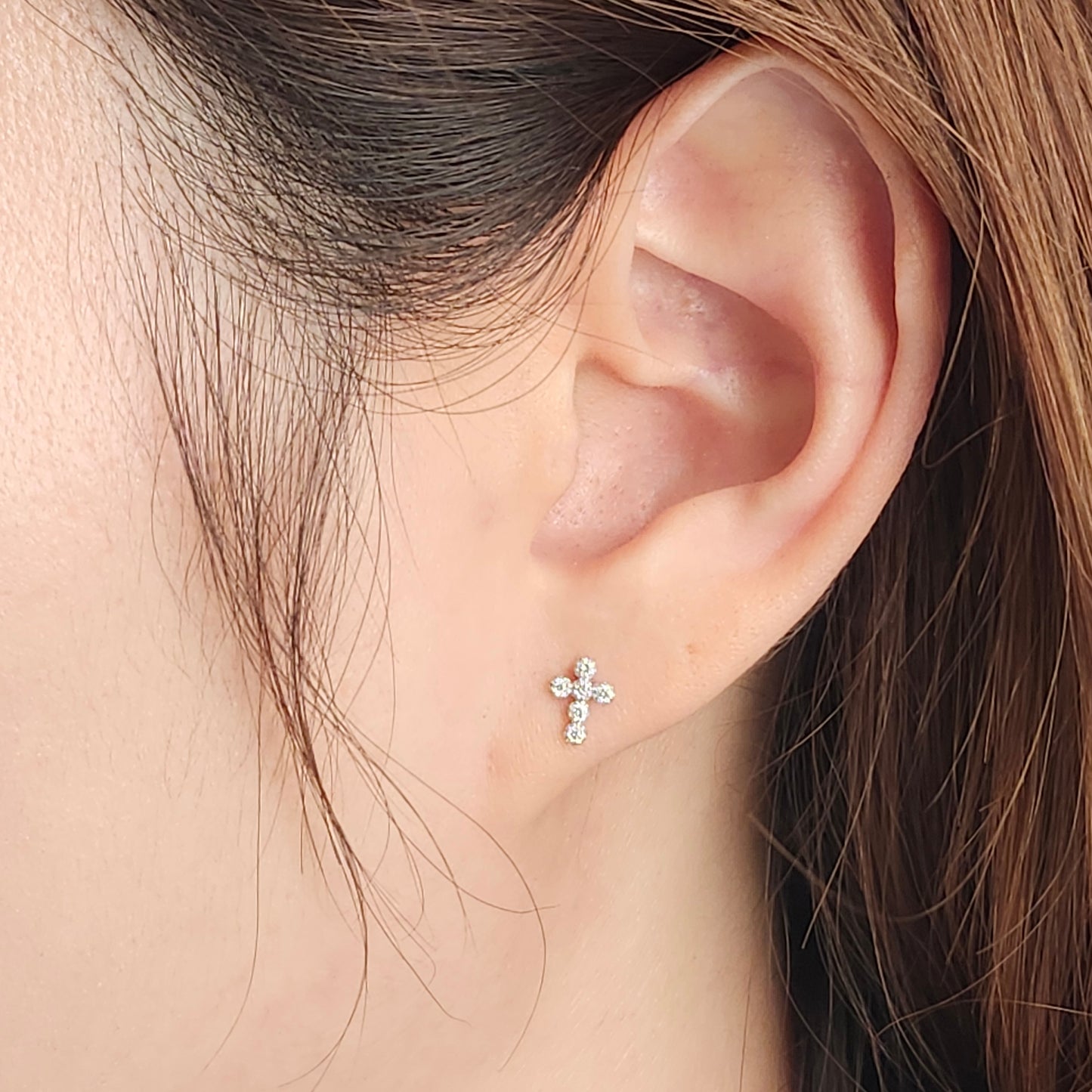 Natural Diamond Small Cross Earring/14k gold Diamond Cross Earring/Dainty Earrings/Tiny Diamond Small Cross Stud/Gifts for her