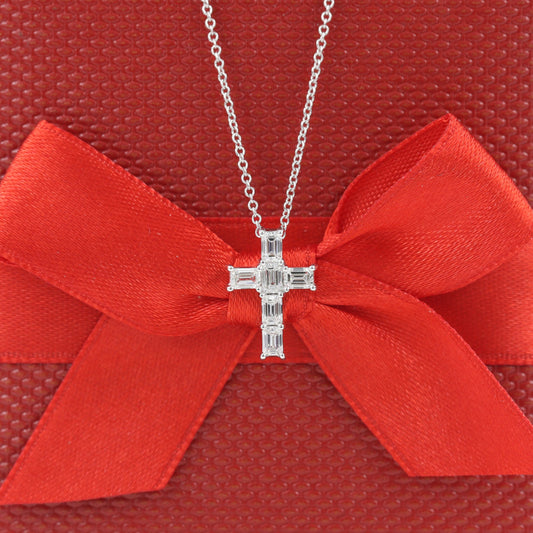 Emerald Cut Diamond small Cross Pendant /Natural Diamond Necklace/14K Gold Emerald Cut Diamond small Cross/Anniversary Gift