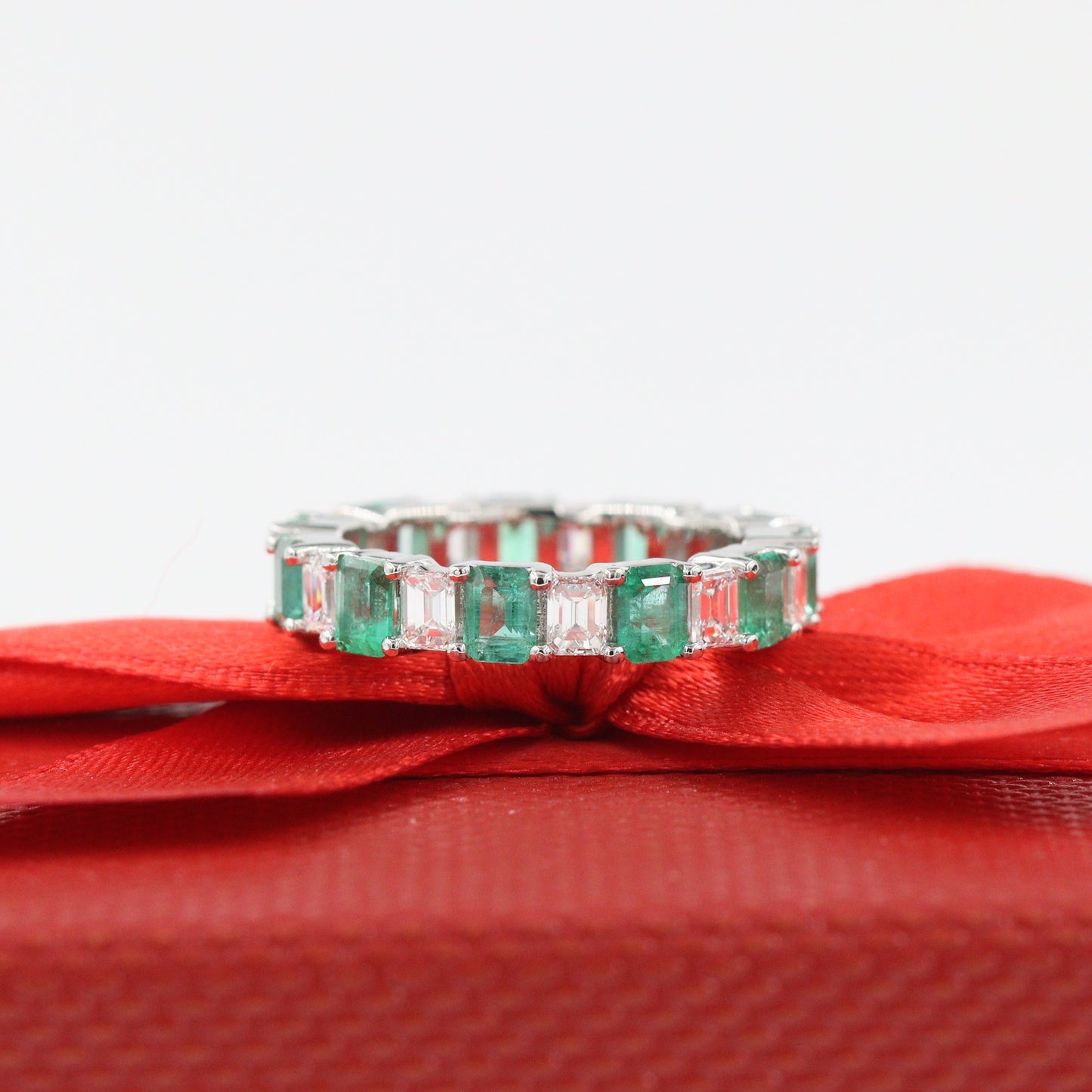 3.1ct Natural Green Emerald & Emerald Cut Diamond Ring / Alternating Full Eternity Width 4.1mm Platinum Wedding Ring / Anniversary gift