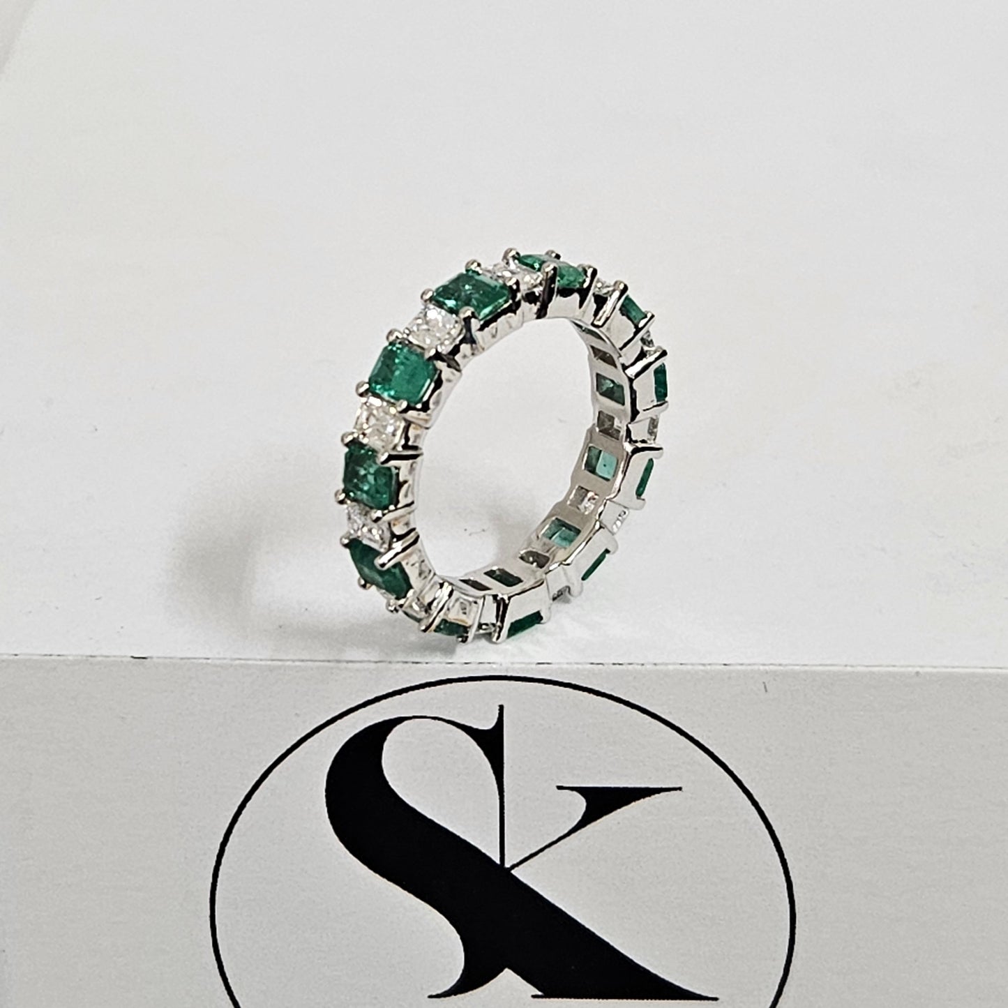 3.1ct Natural Green Emerald & Emerald Cut Diamond Ring / Alternating Full Eternity Width 4.1mm Platinum Wedding Ring / Anniversary gift