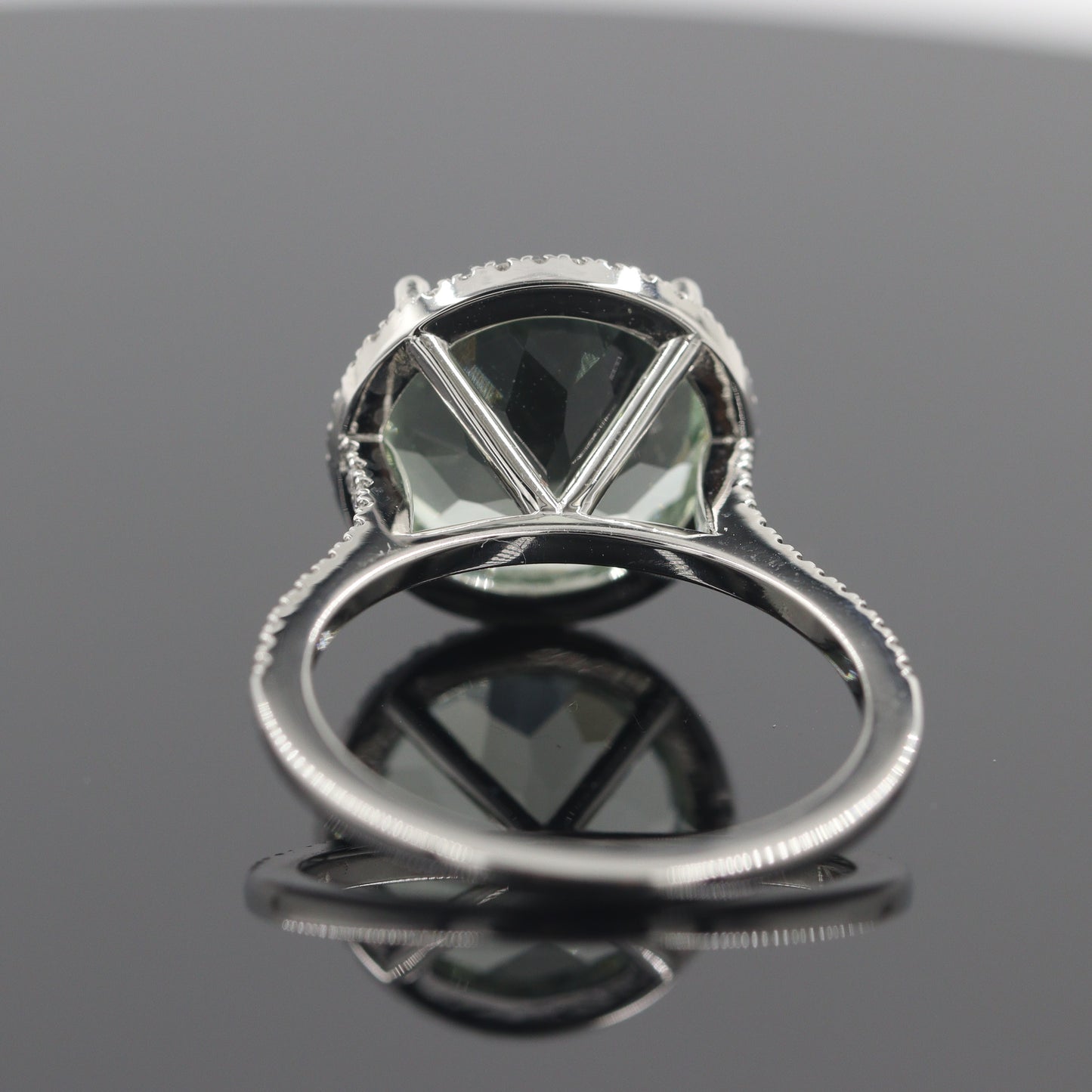 Handmade Platinum Green Amethyst Ring: Lab Grown Diamond Halo Ring - Anniversary gift