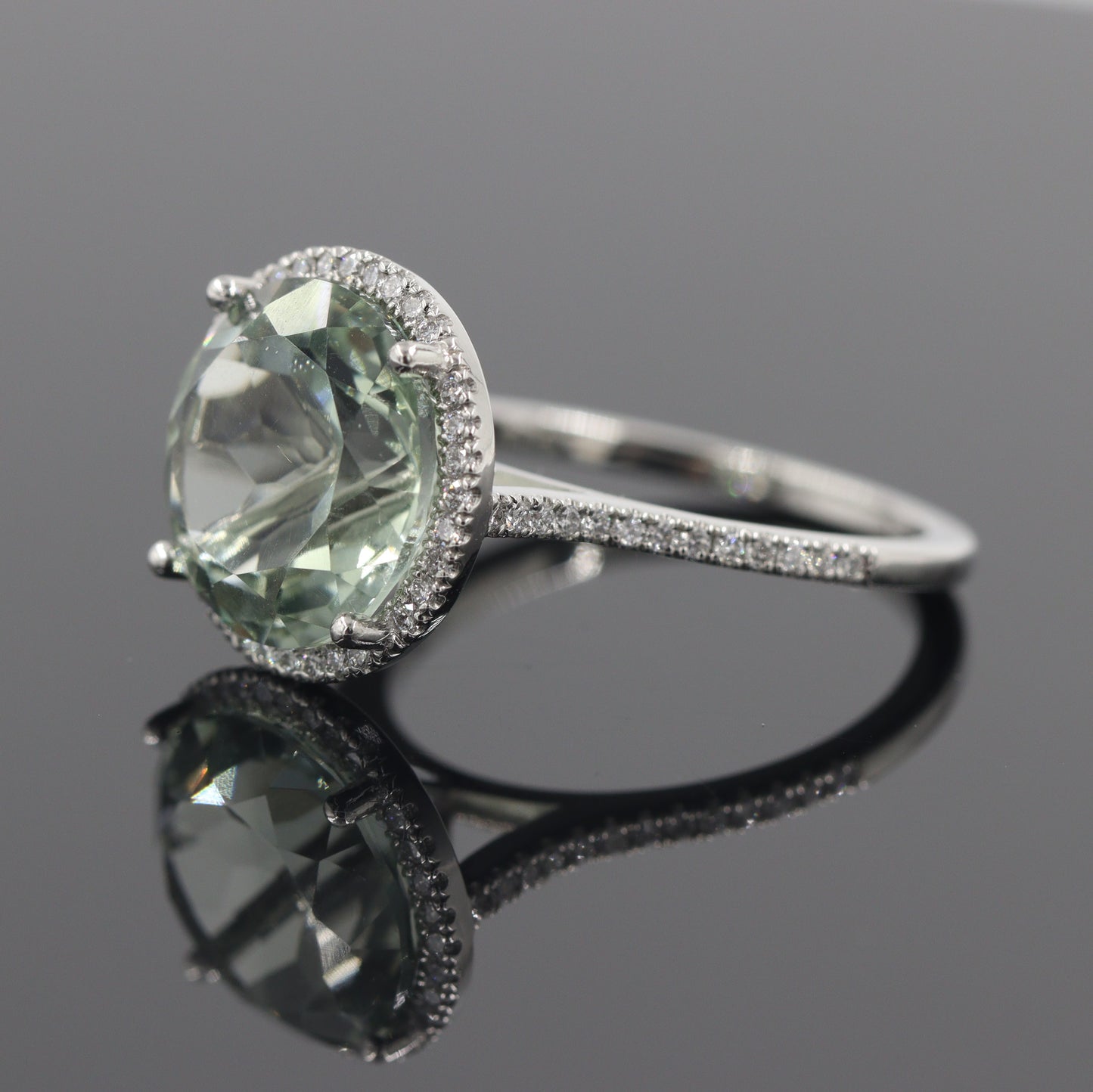 Handmade Platinum Green Amethyst Ring: Lab Grown Diamond Halo Ring - Anniversary gift