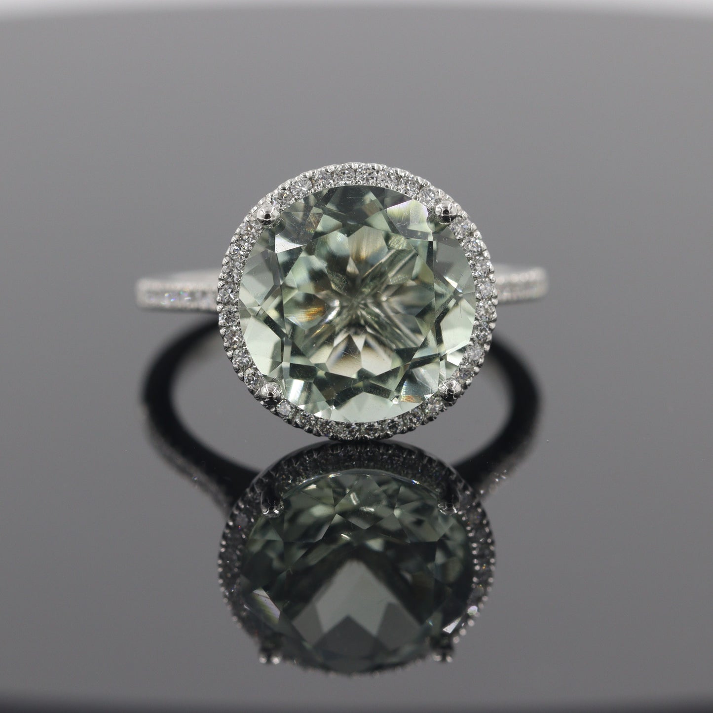 Handmade Platinum Green Amethyst Ring: Lab Grown Diamond Halo Ring - Anniversary gift