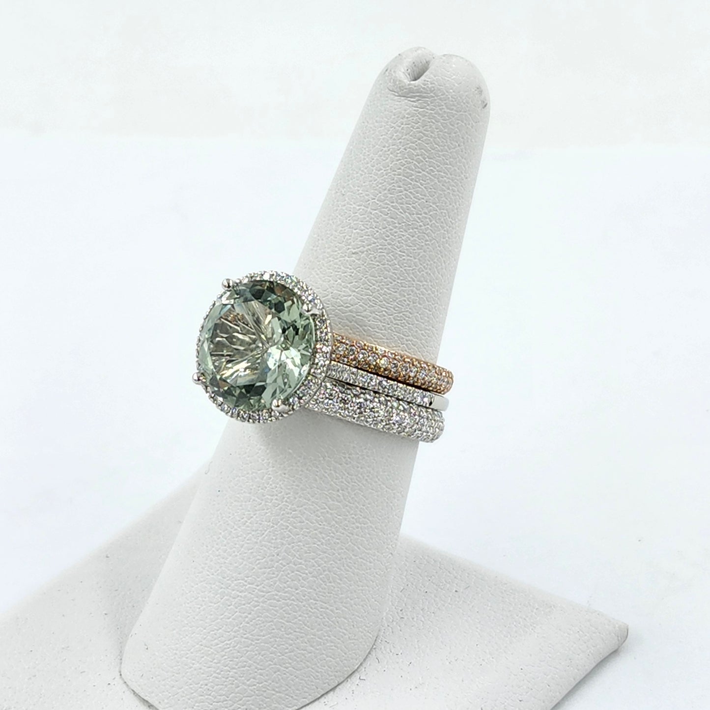 Handmade Platinum Green Amethyst Ring: Lab Grown Diamond Halo Ring - Anniversary gift