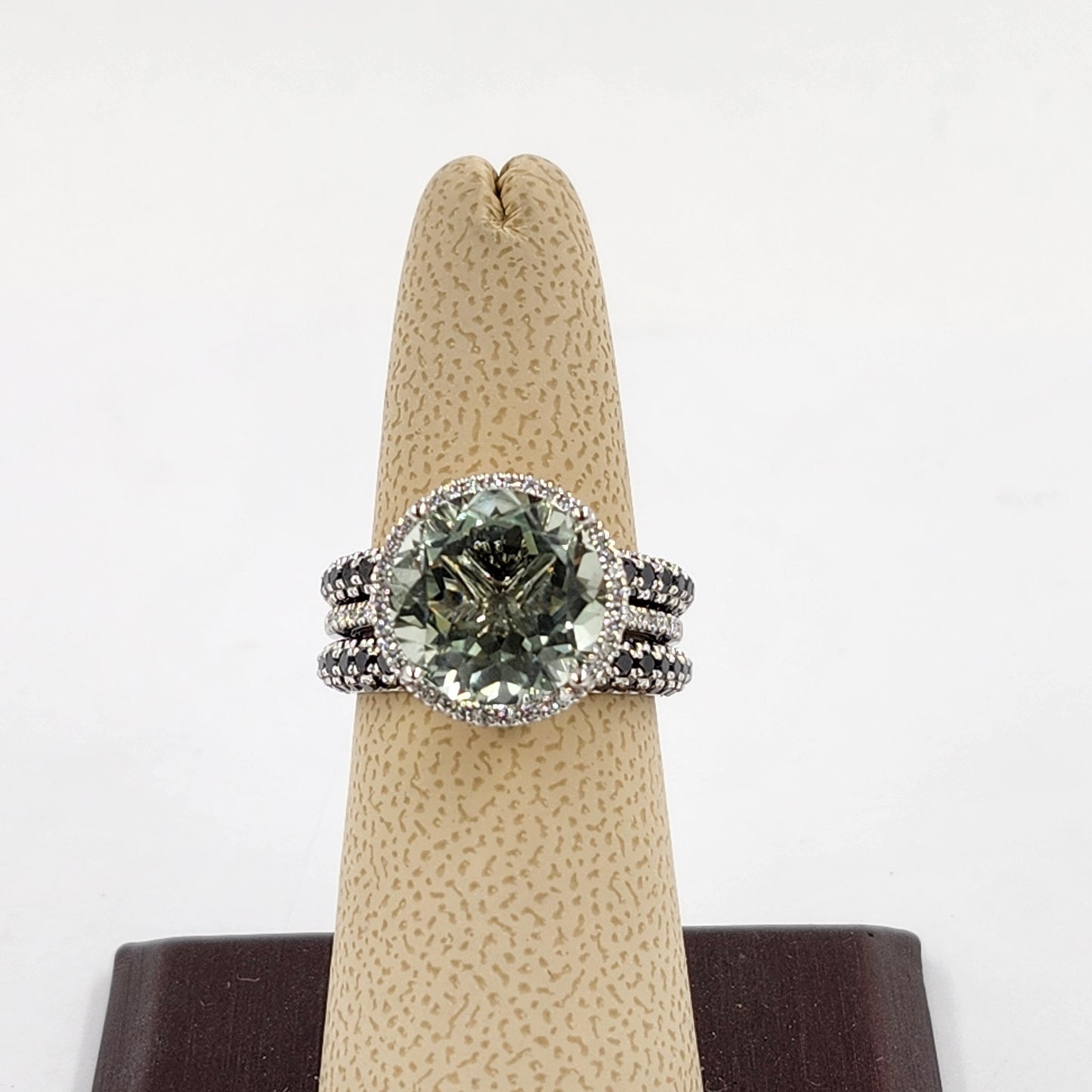 Handmade Platinum Green Amethyst Ring: Lab Grown Diamond Halo Ring - Anniversary gift