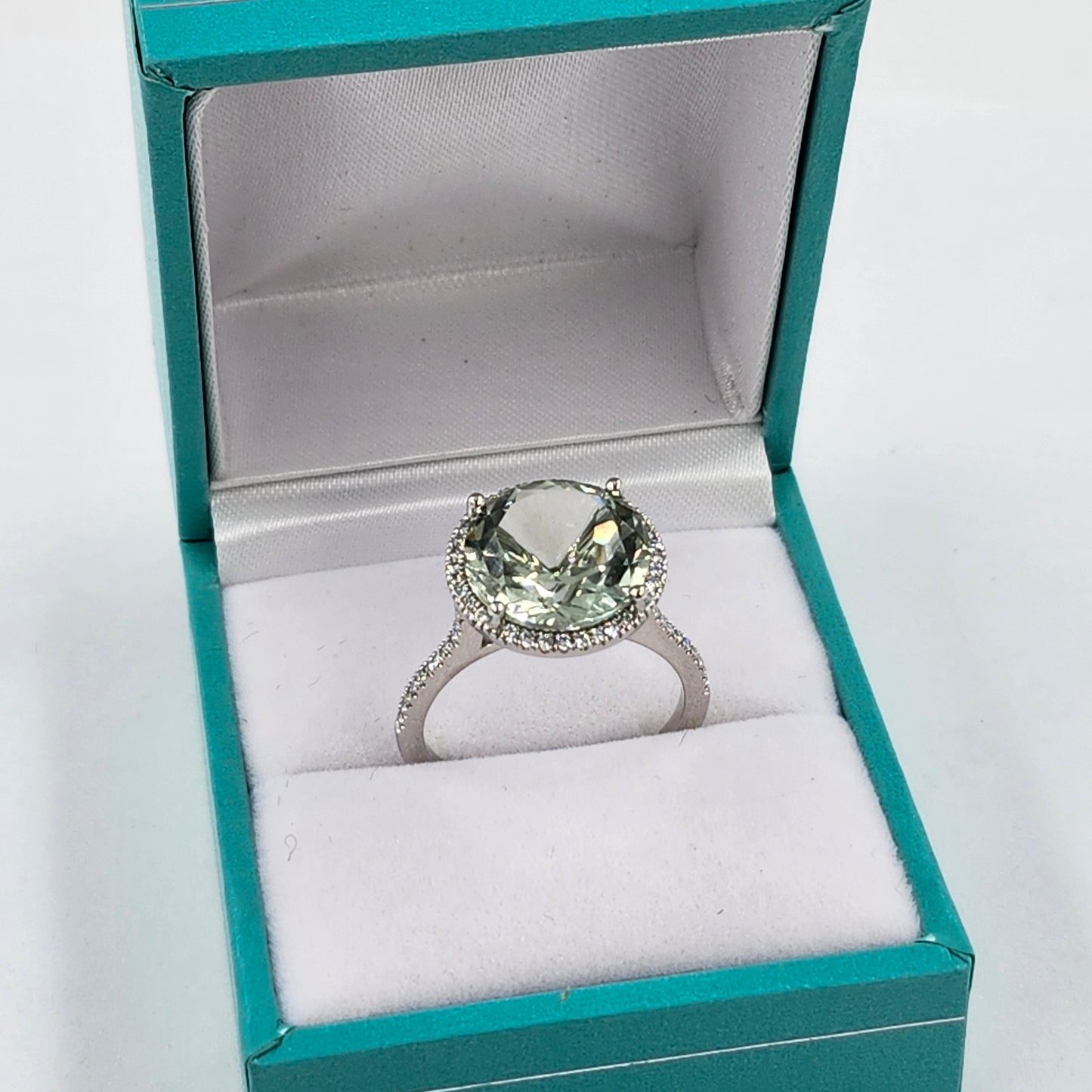 Handmade Platinum Green Amethyst Ring: Lab Grown Diamond Halo Ring - Anniversary gift