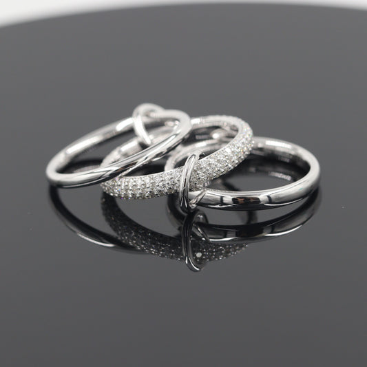 Handmade 14K Gold 3 Row Natural Diamond Stacking Rings with Connectors -3.3 mm Width Diamond Band - 3 Bands Anniversary Gift